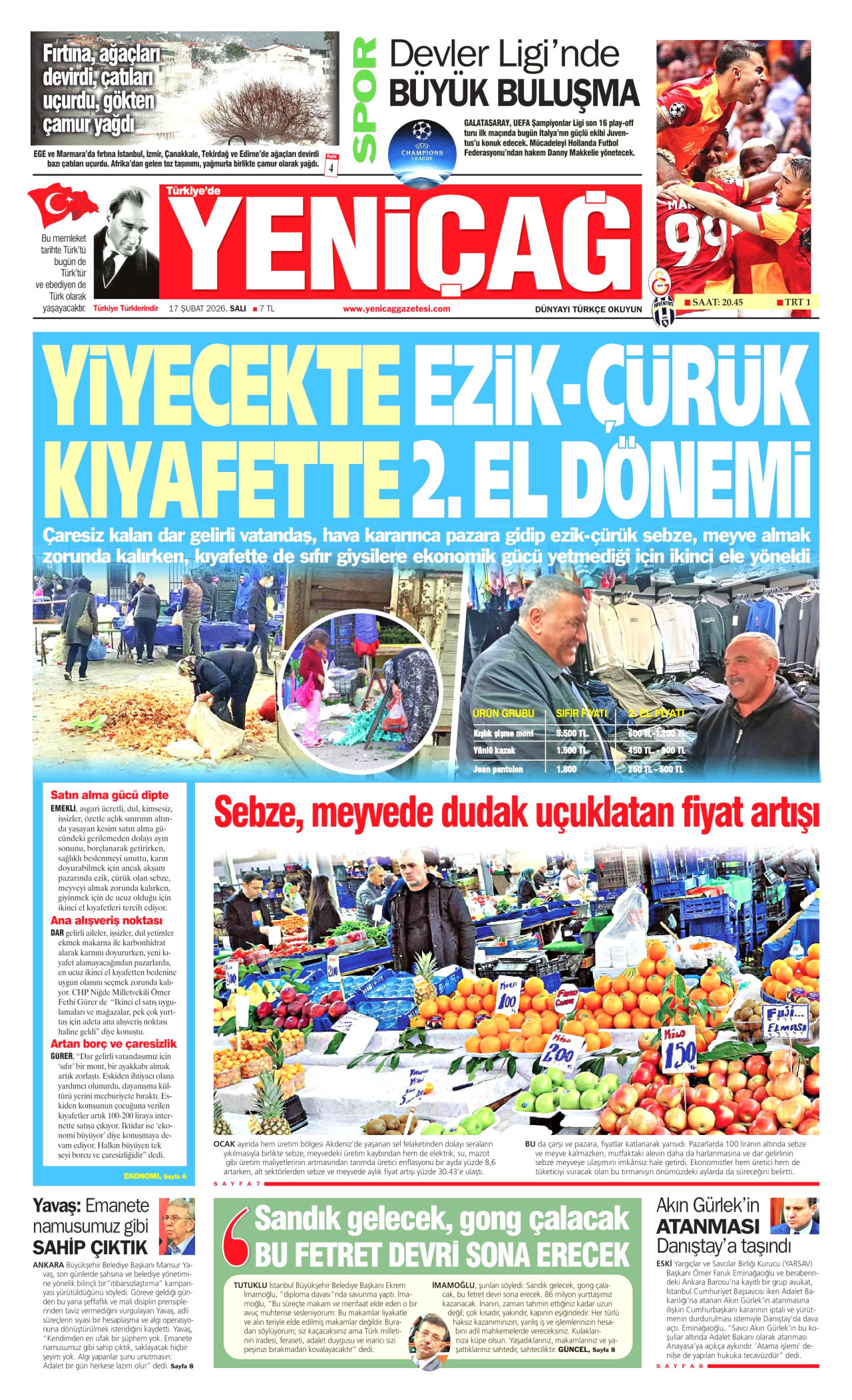 YENİÇAĞ gazetesinin 17 Şubat 2026 tarihli birinci sayfası
