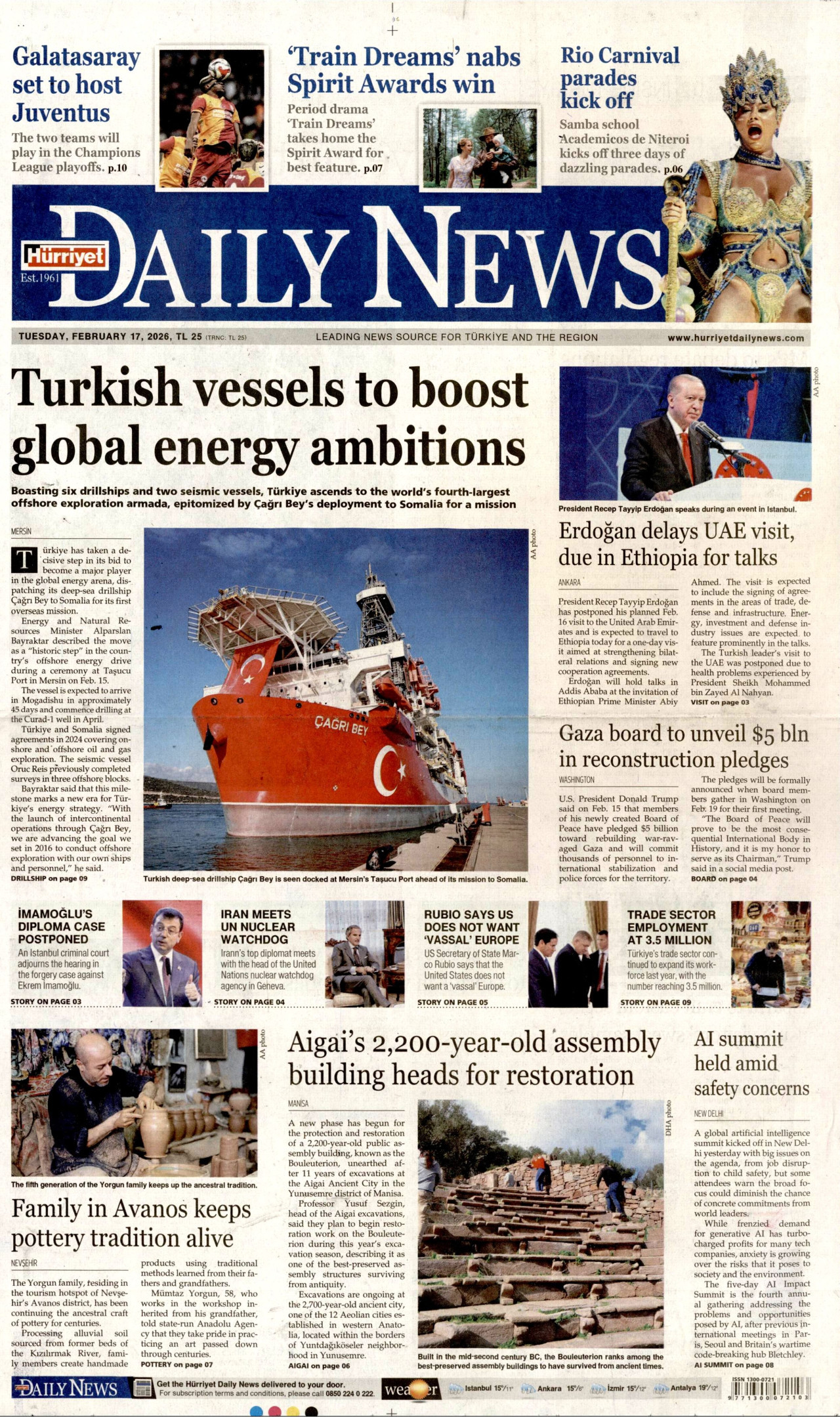 HÜRRİYET DAİLY NEWS gazetesinin 17 Şubat 2026 tarihli birinci sayfası