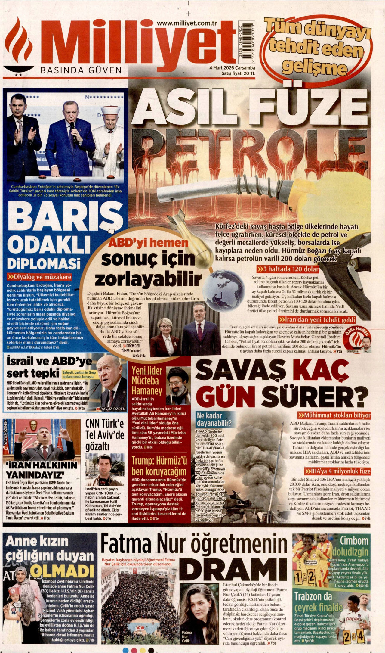 MİLLİYET gazetesinin 4 Mart 2026 tarihli birinci sayfası