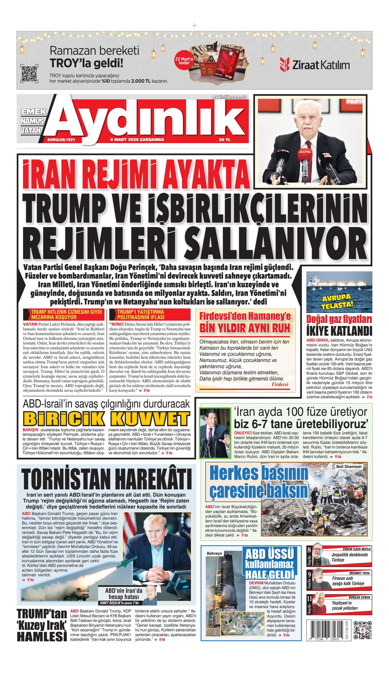 AYDINLIK GAZETESİ gazetesinin 4 Mart 2026 tarihli birinci sayfası