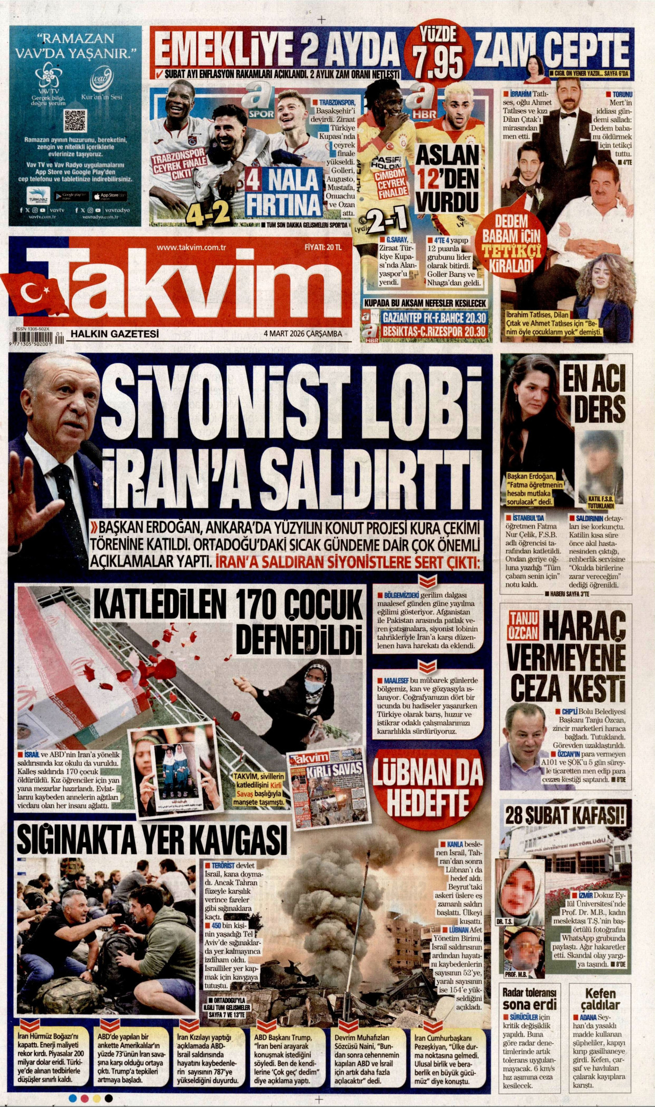 TAKVİM gazetesinin 4 Mart 2026 tarihli birinci sayfası