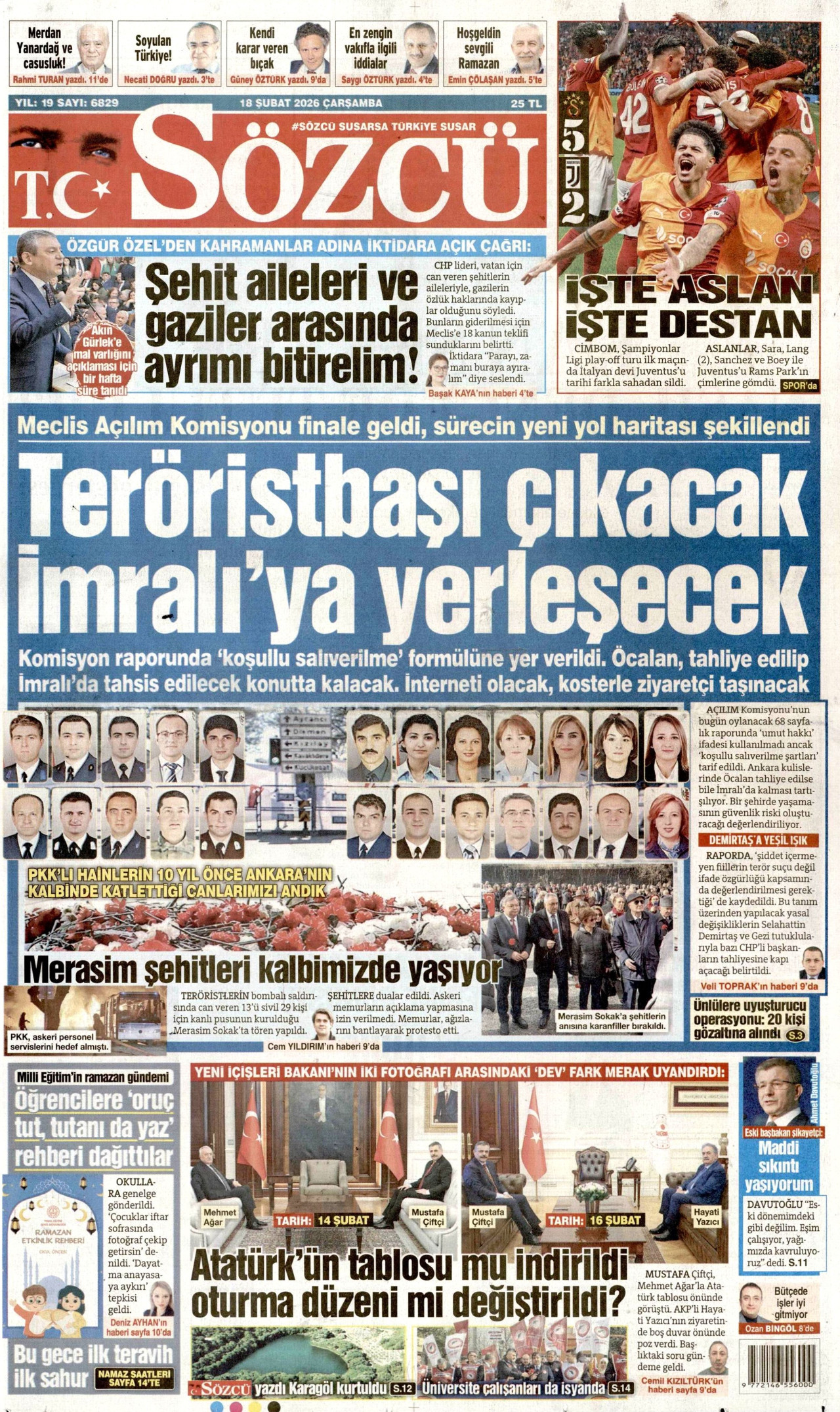 SÖZCÜ gazetesinin 18 Şubat 2026 tarihli birinci sayfası