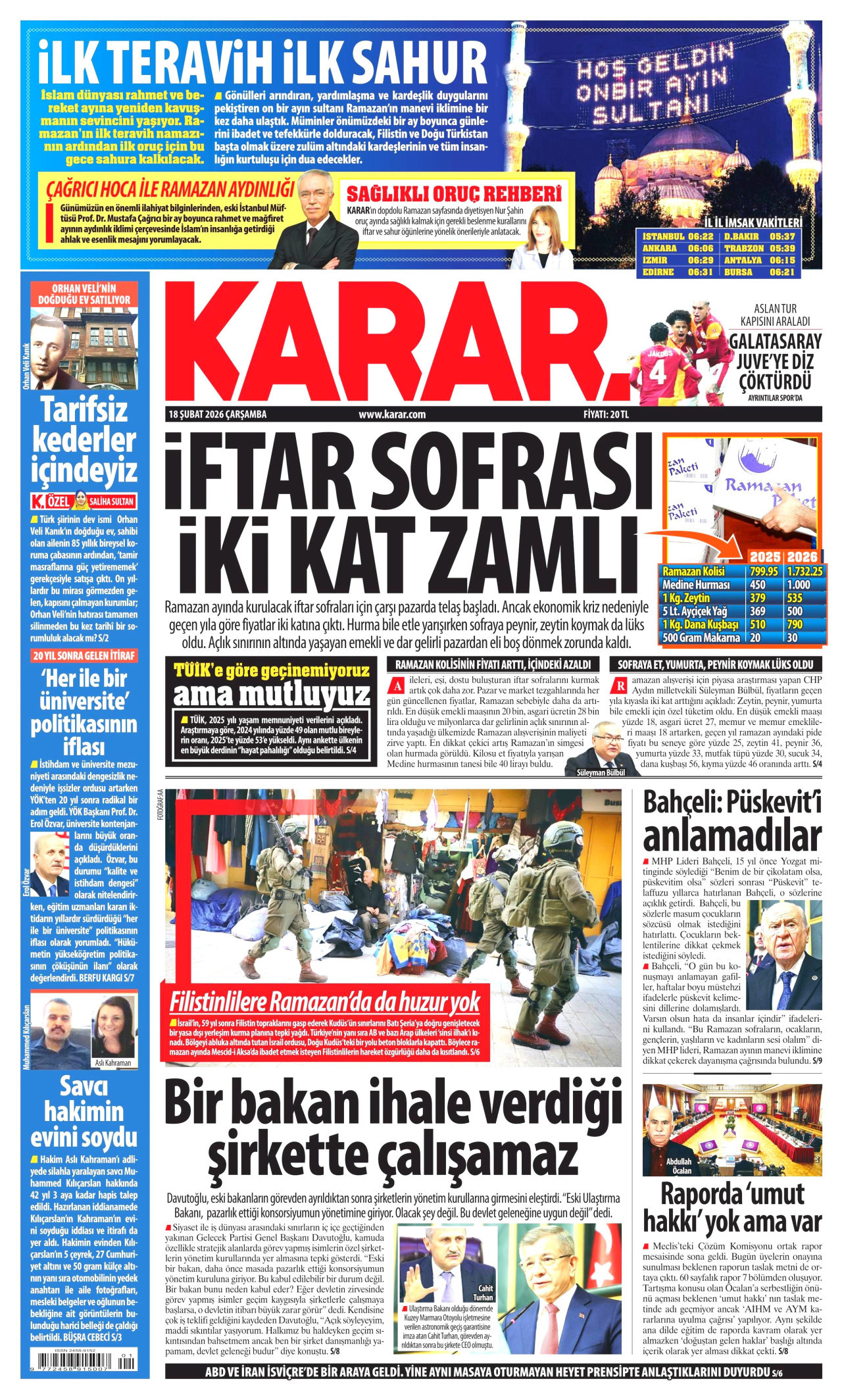 KARAR gazetesinin 18 Şubat 2026 tarihli birinci sayfası