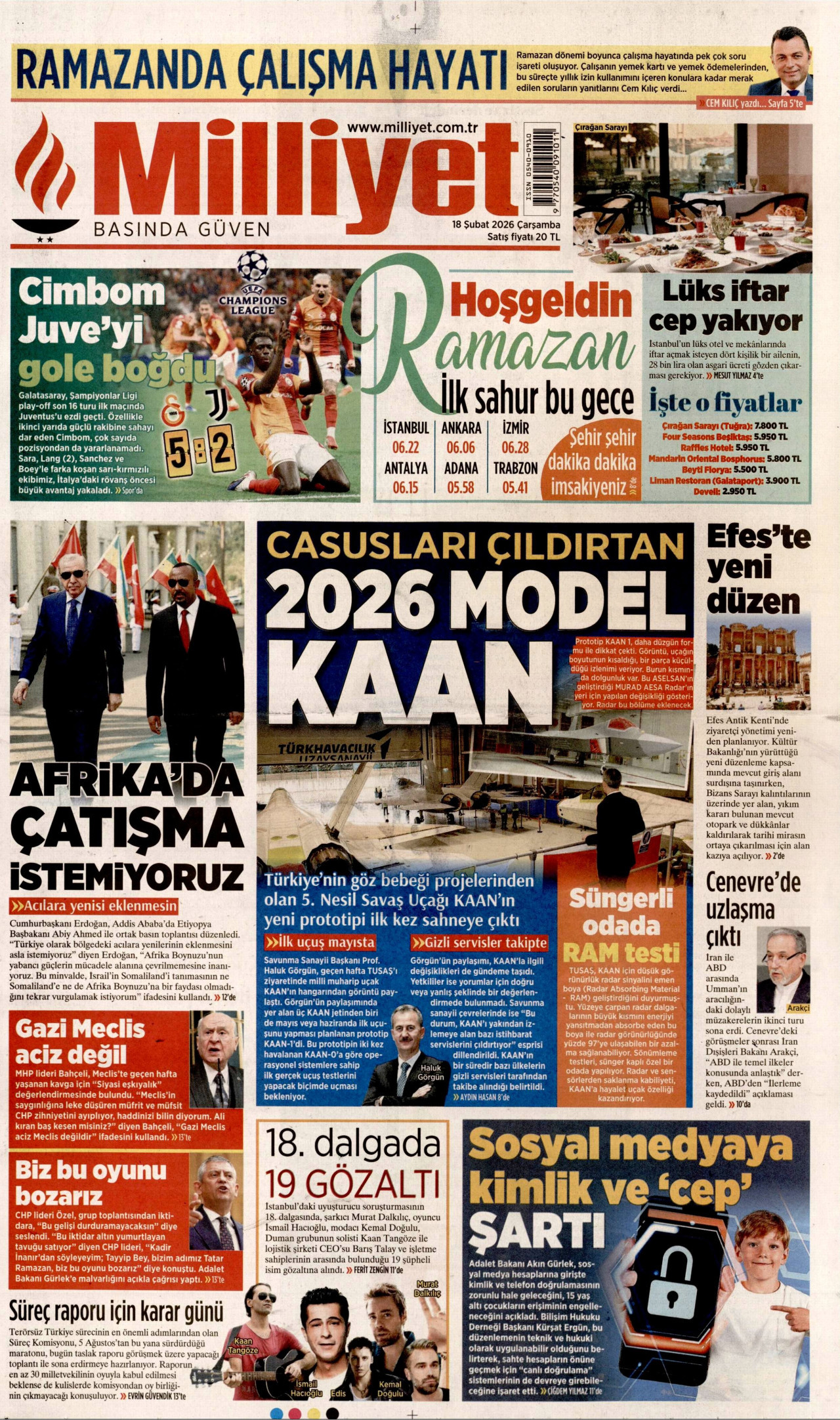 MİLLİYET gazetesinin 18 Şubat 2026 tarihli birinci sayfası