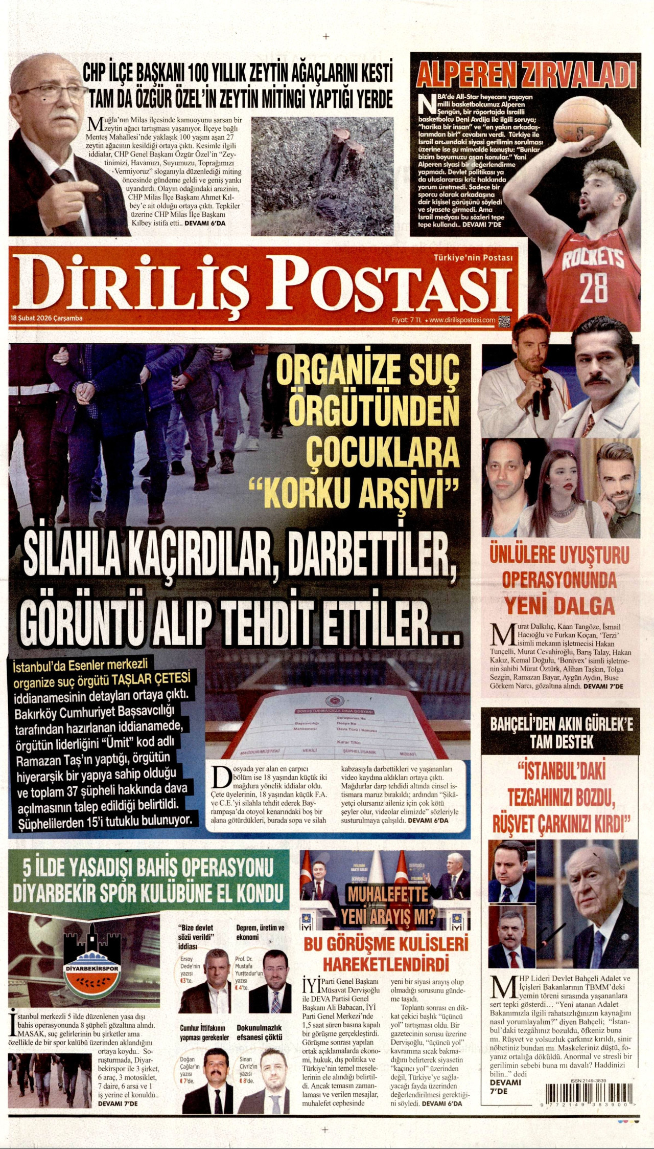 DİRİLİŞ POSTASI gazetesinin 18 Şubat 2026 tarihli birinci sayfası