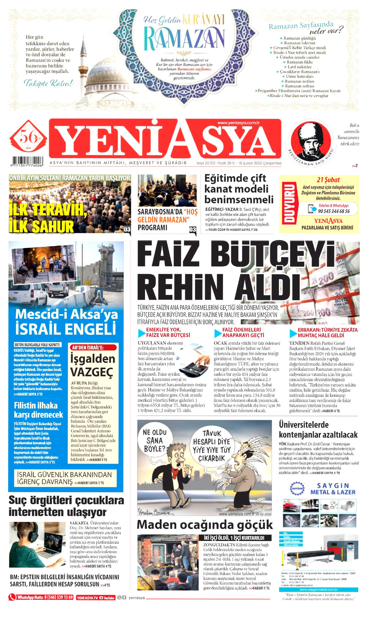 YENİ ASYA gazetesinin 18 Şubat 2026 tarihli birinci sayfası