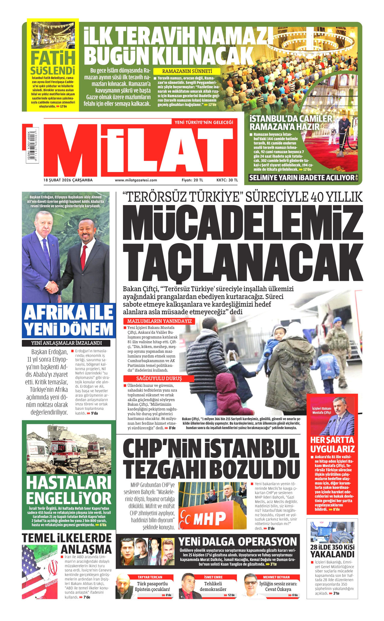 MİLAT gazetesinin 18 Şubat 2026 tarihli birinci sayfası