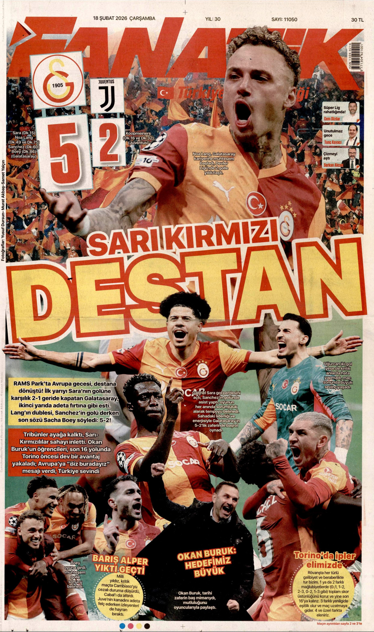 FANATİK gazetesinin 18 Şubat 2026 tarihli birinci sayfası