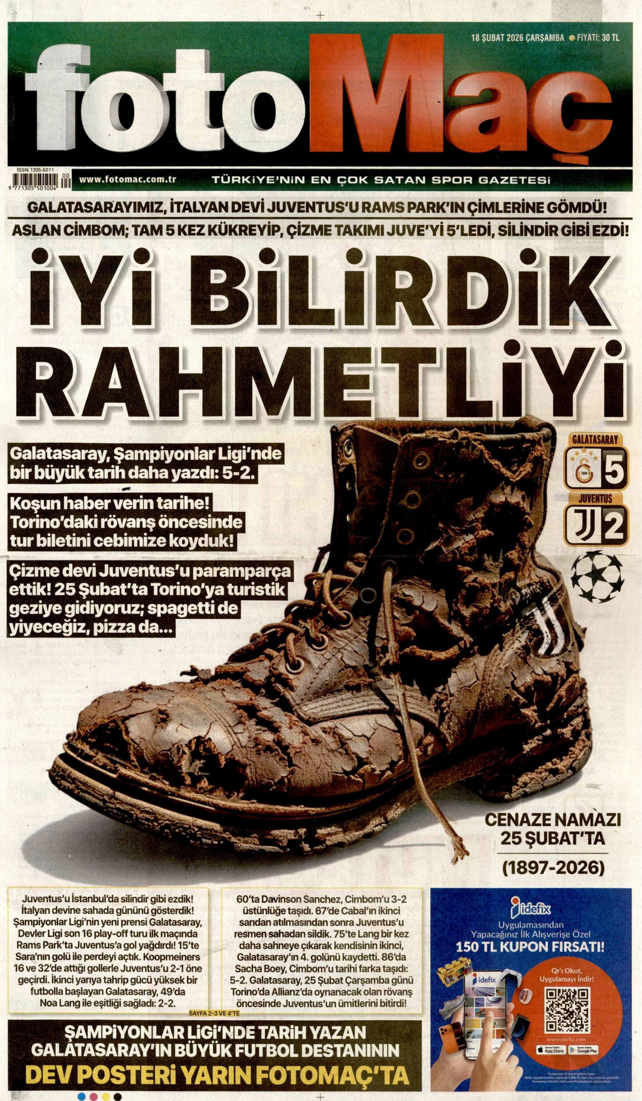 FOTOMAÇ gazetesinin 18 Şubat 2026 tarihli birinci sayfası