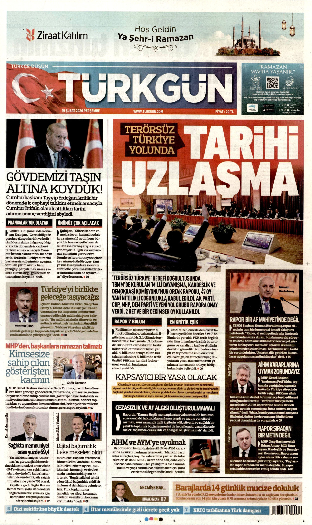 TÜRKGÜN gazetesinin 19 Şubat 2026 tarihli birinci sayfası