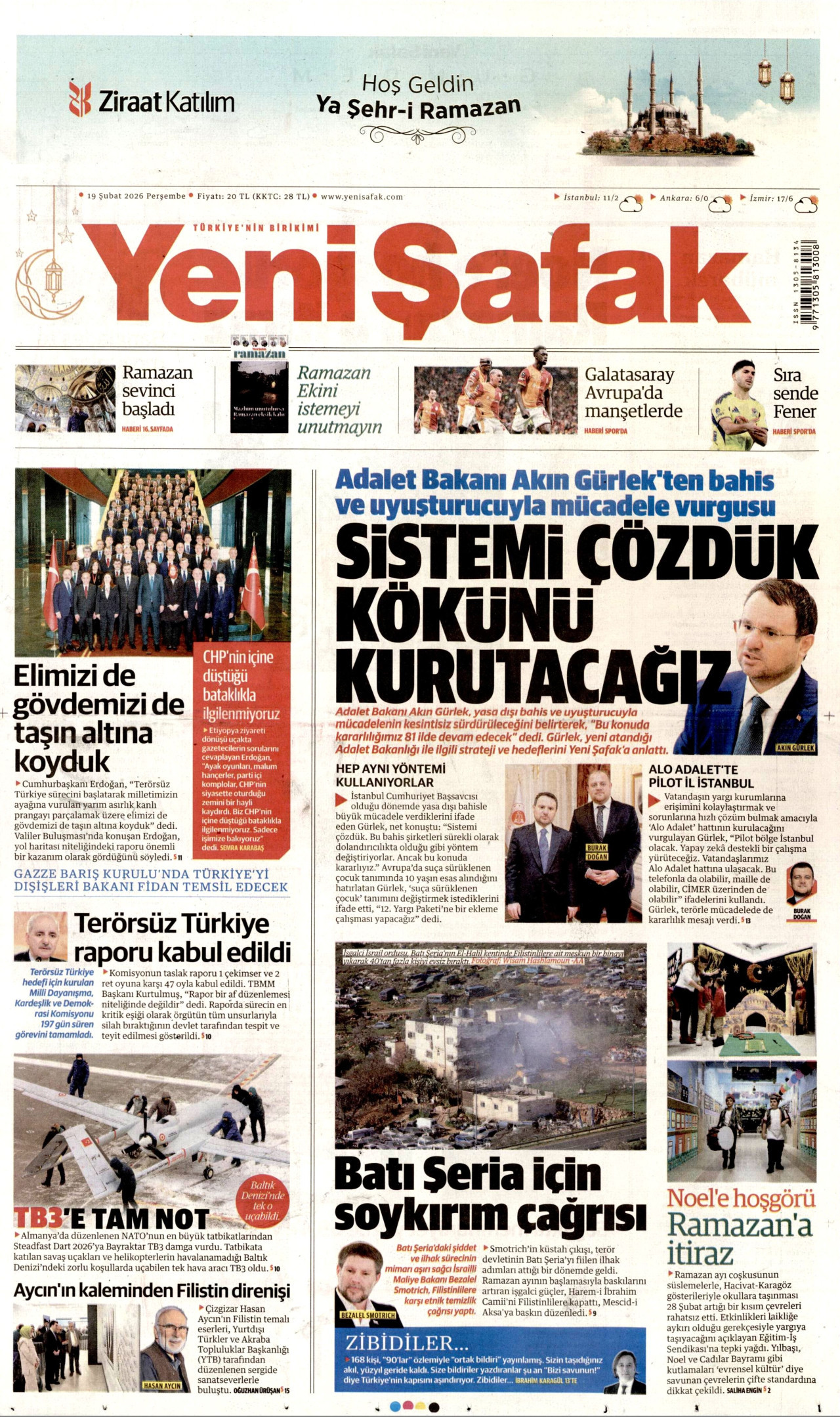 YENİ ŞAFAK gazetesinin 19 Şubat 2026 tarihli birinci sayfası