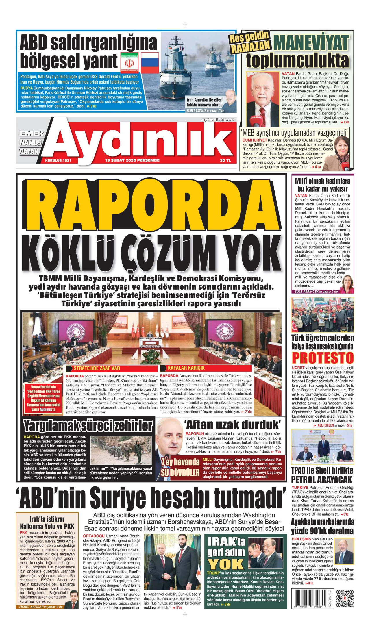 AYDINLIK GAZETESİ gazetesinin 19 Şubat 2026 tarihli birinci sayfası