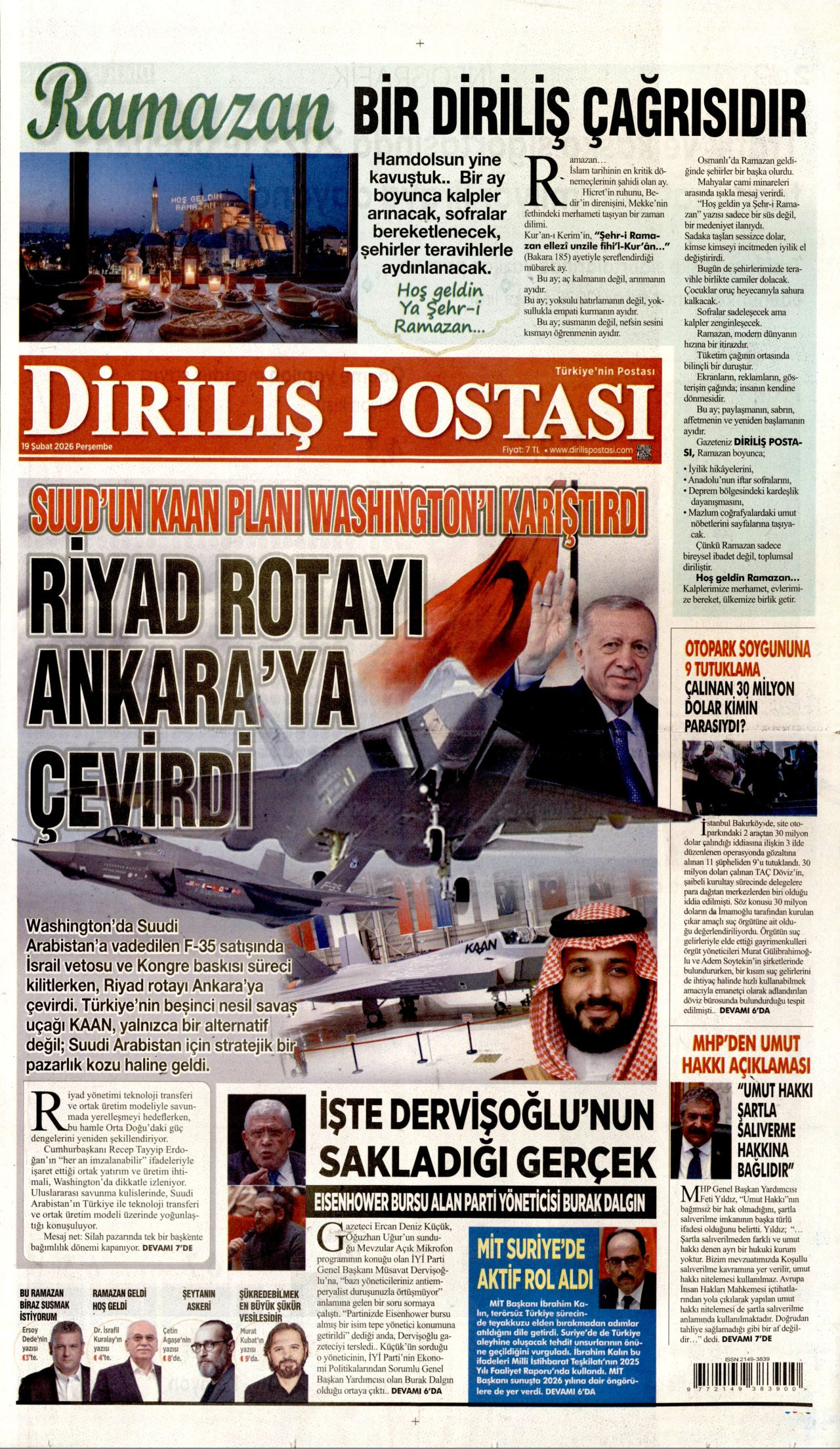 DİRİLİŞ POSTASI gazetesinin 19 Şubat 2026 tarihli birinci sayfası