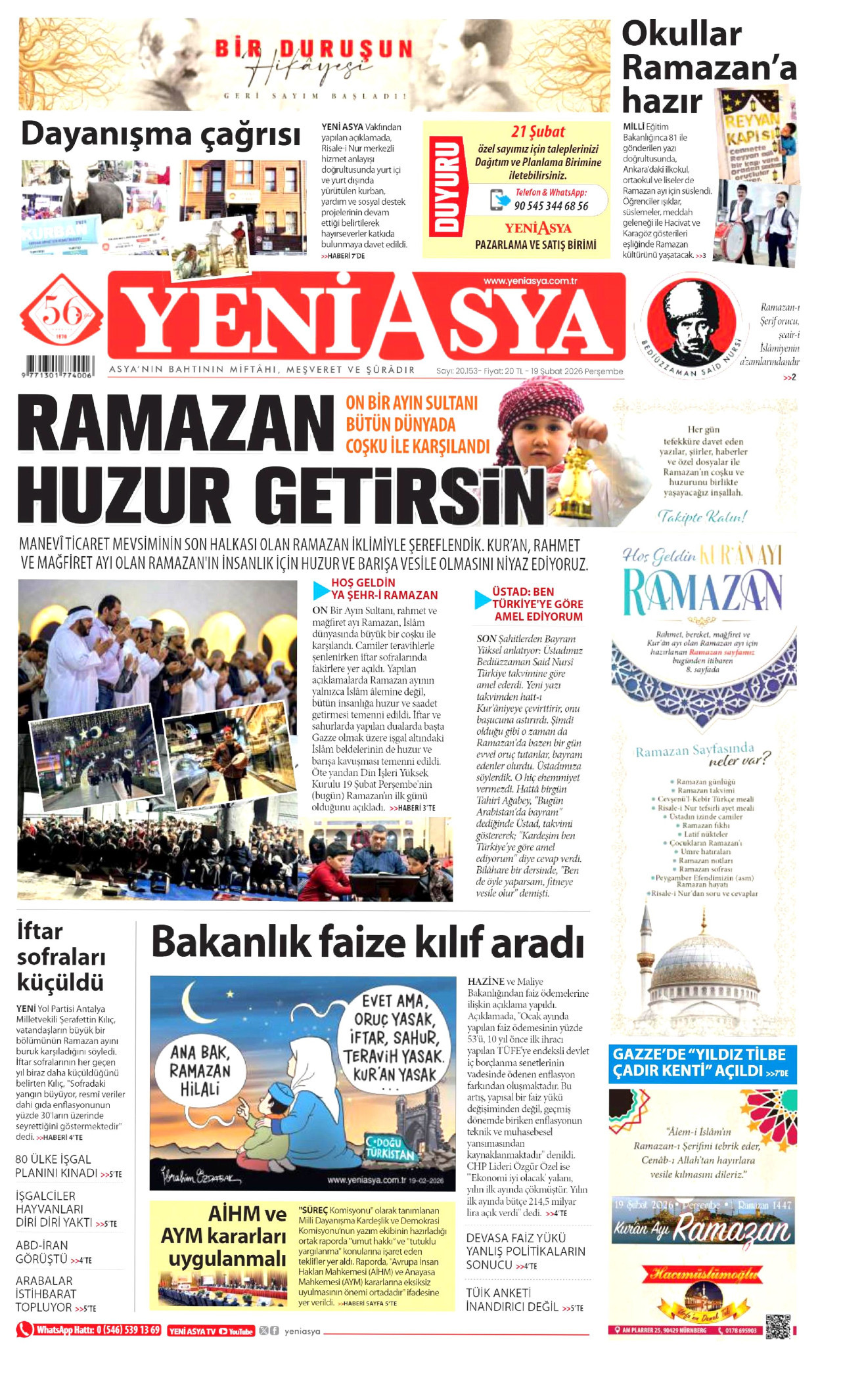YENİ ASYA gazetesinin 19 Şubat 2026 tarihli birinci sayfası