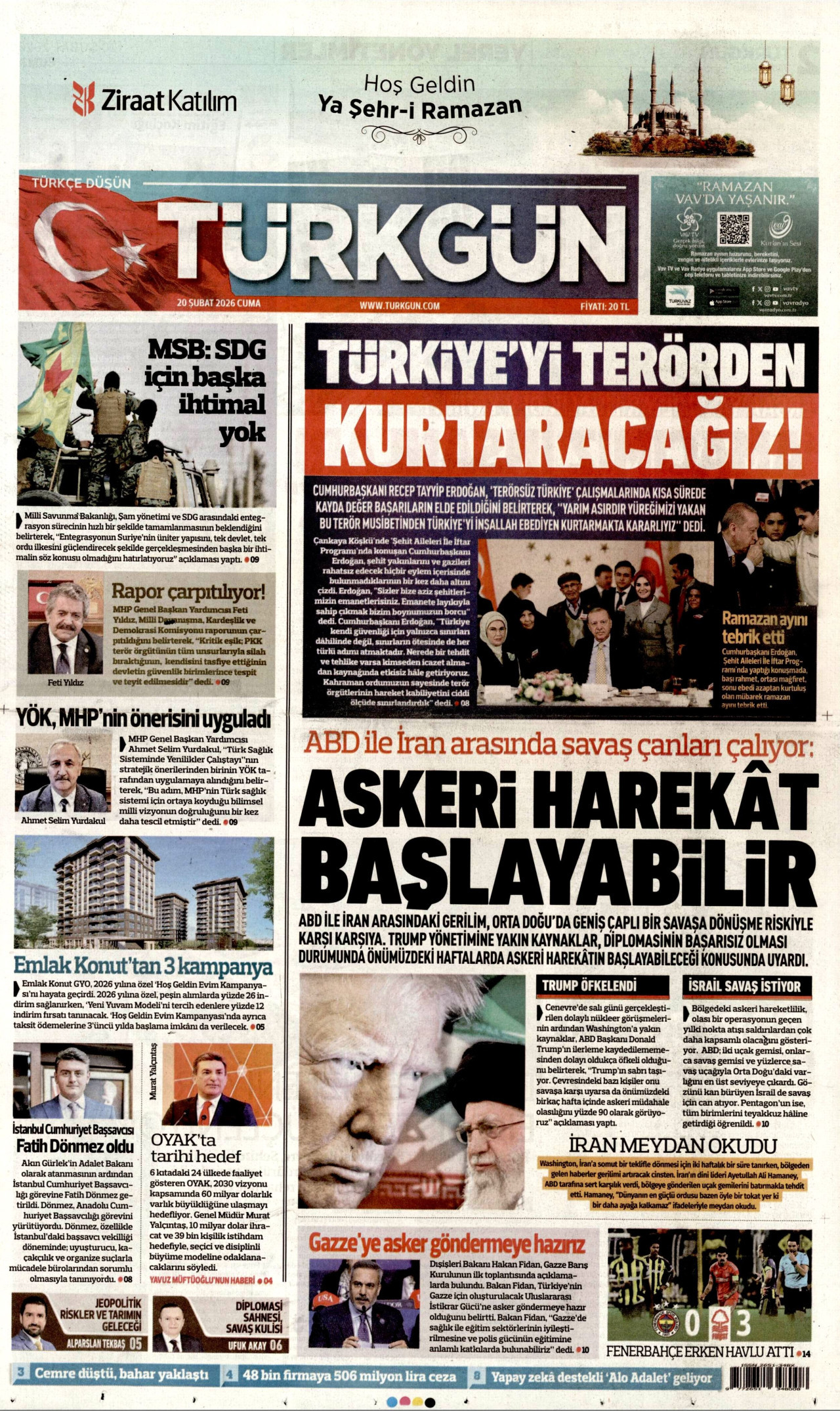 TÜRKGÜN gazetesinin 20 Şubat 2026 tarihli birinci sayfası