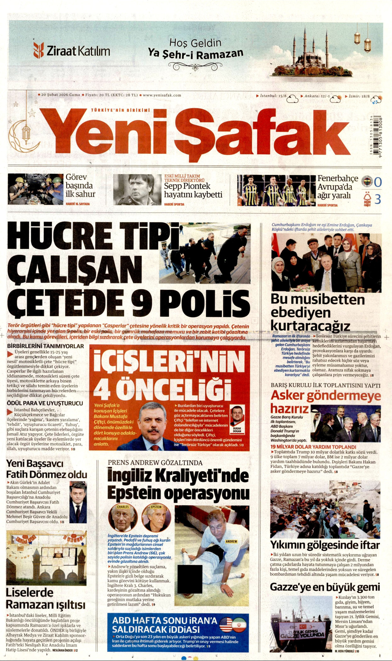YENİ ŞAFAK gazetesinin 20 Şubat 2026 tarihli birinci sayfası