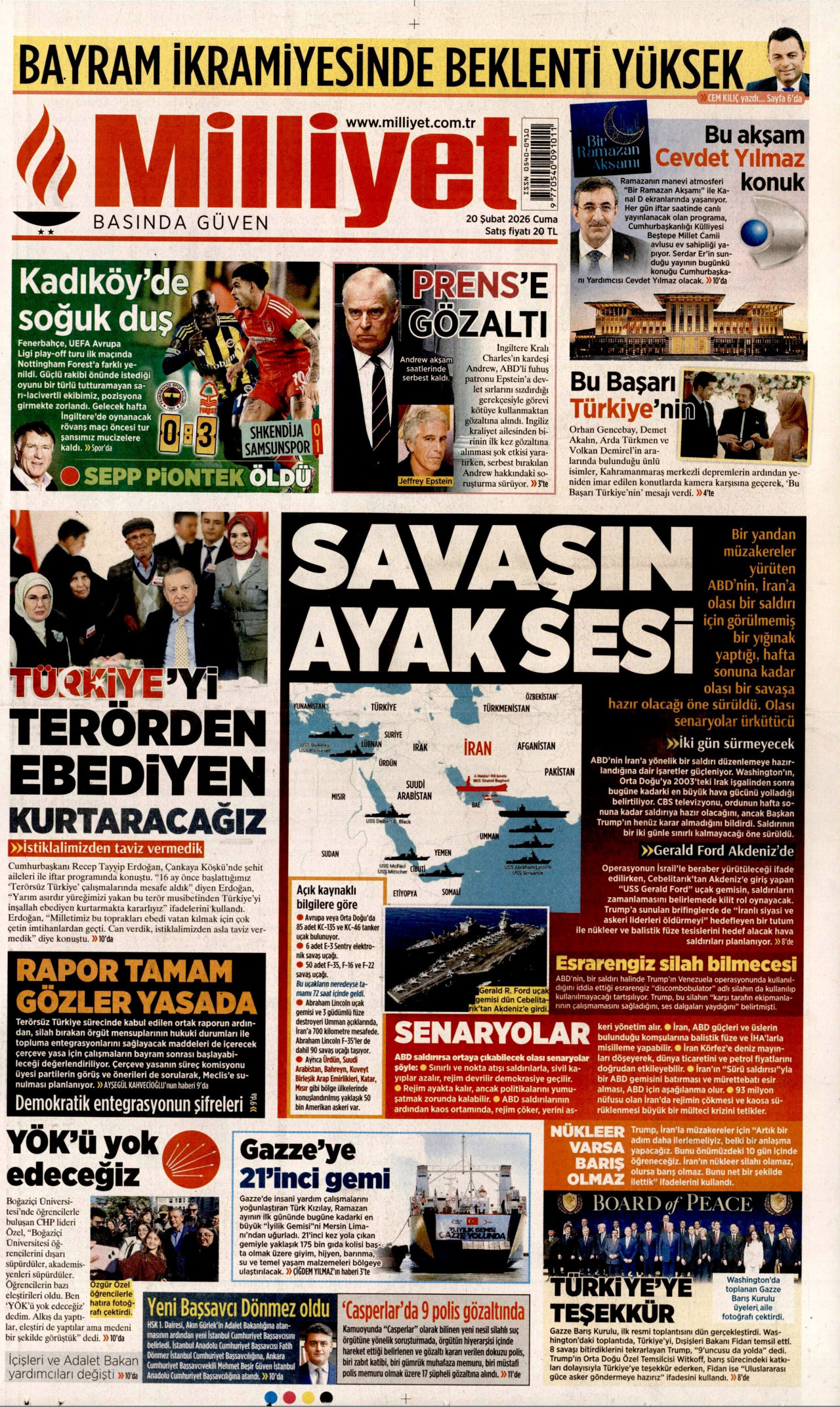 MİLLİYET gazetesinin 20 Şubat 2026 tarihli birinci sayfası