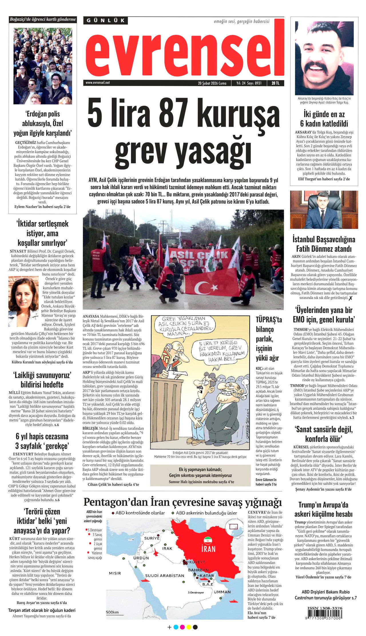 EVRENSEL gazetesinin 20 Şubat 2026 tarihli birinci sayfası