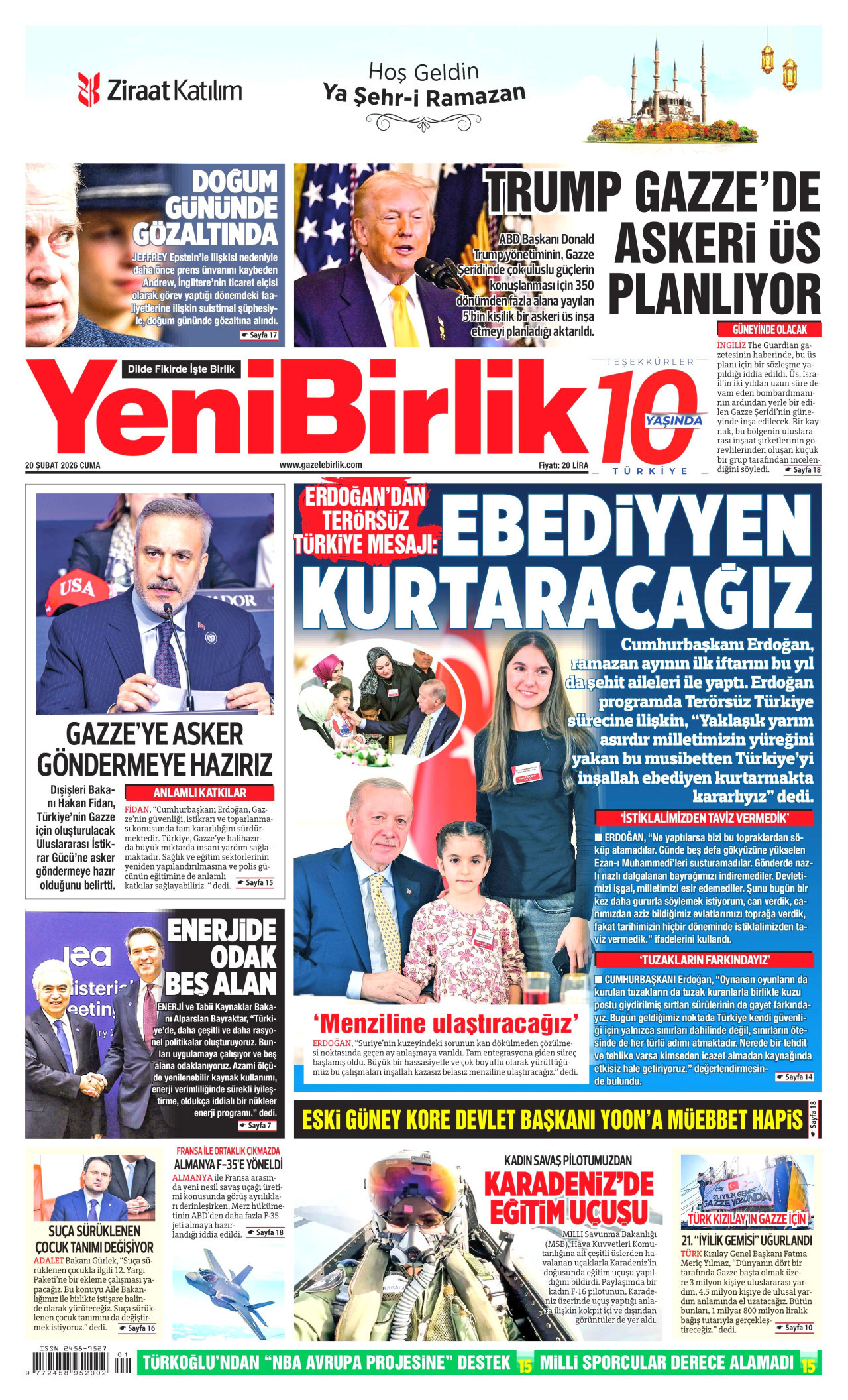 YENİBİRLİK gazetesinin 20 Şubat 2026 tarihli birinci sayfası