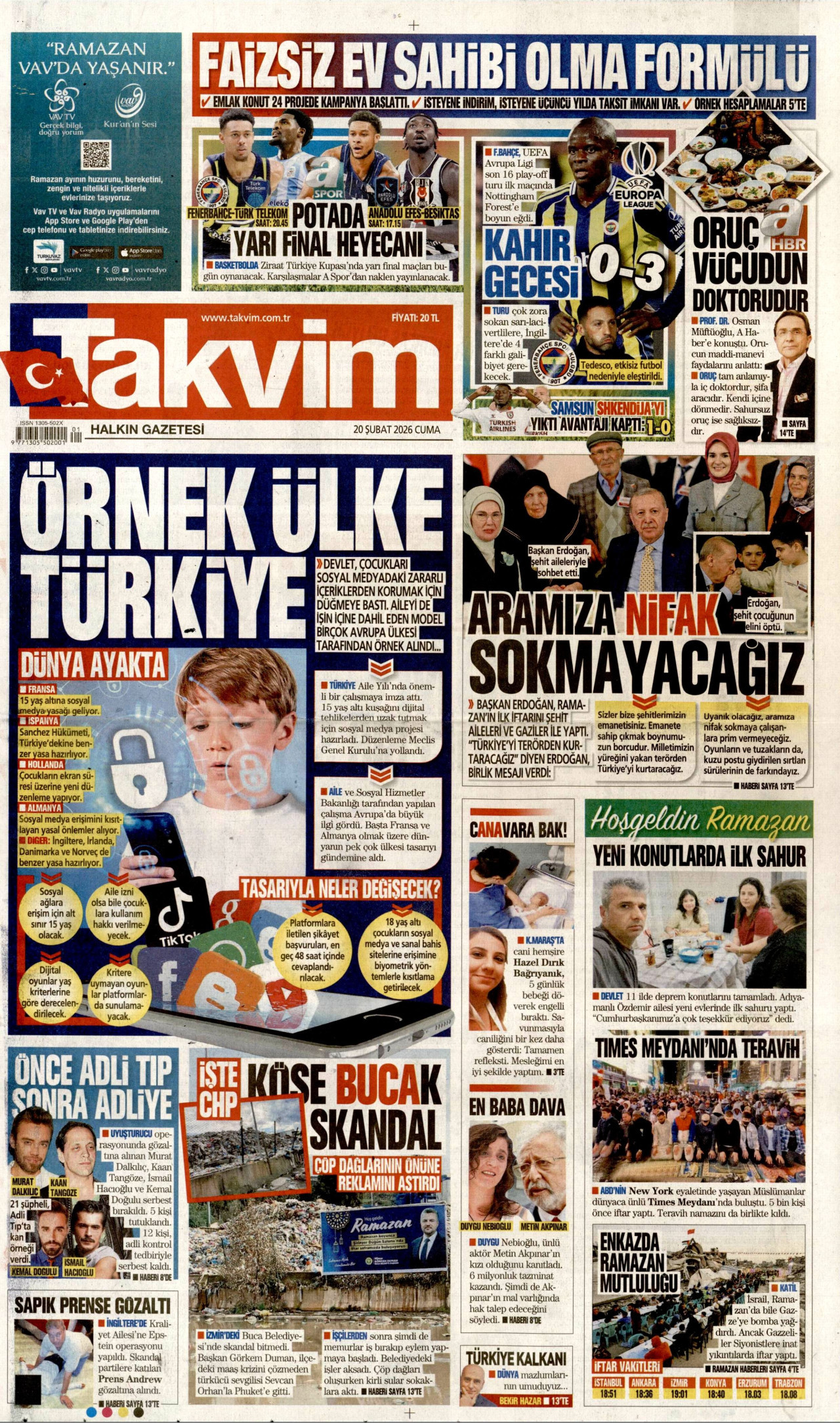 TAKVİM gazetesinin 20 Şubat 2026 tarihli birinci sayfası