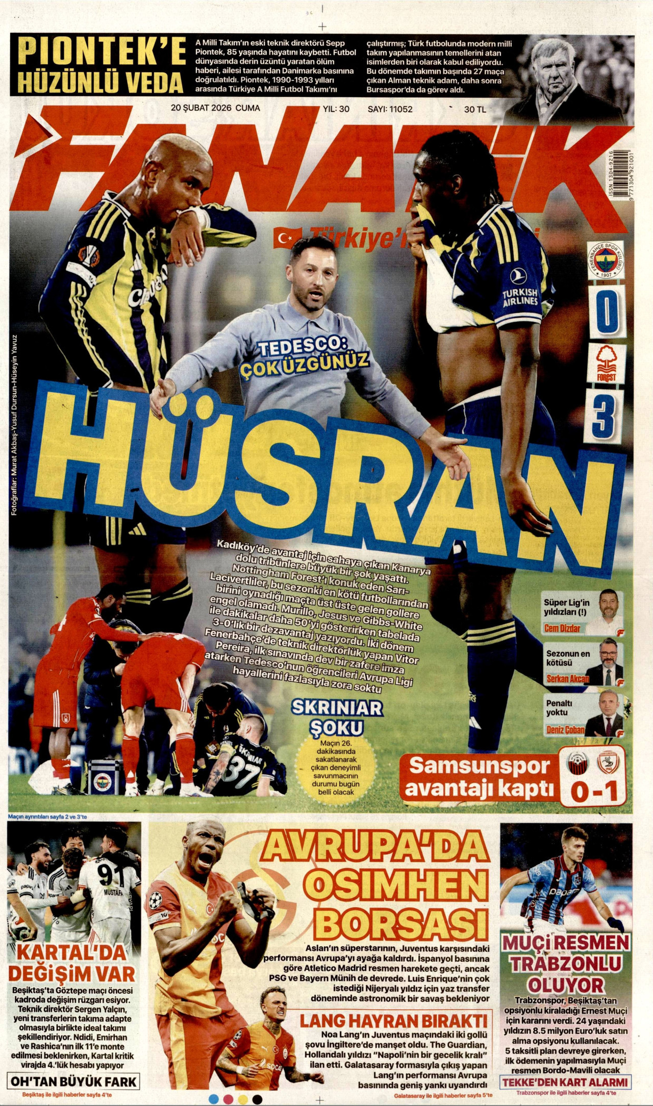 FANATİK gazetesinin 20 Şubat 2026 tarihli birinci sayfası