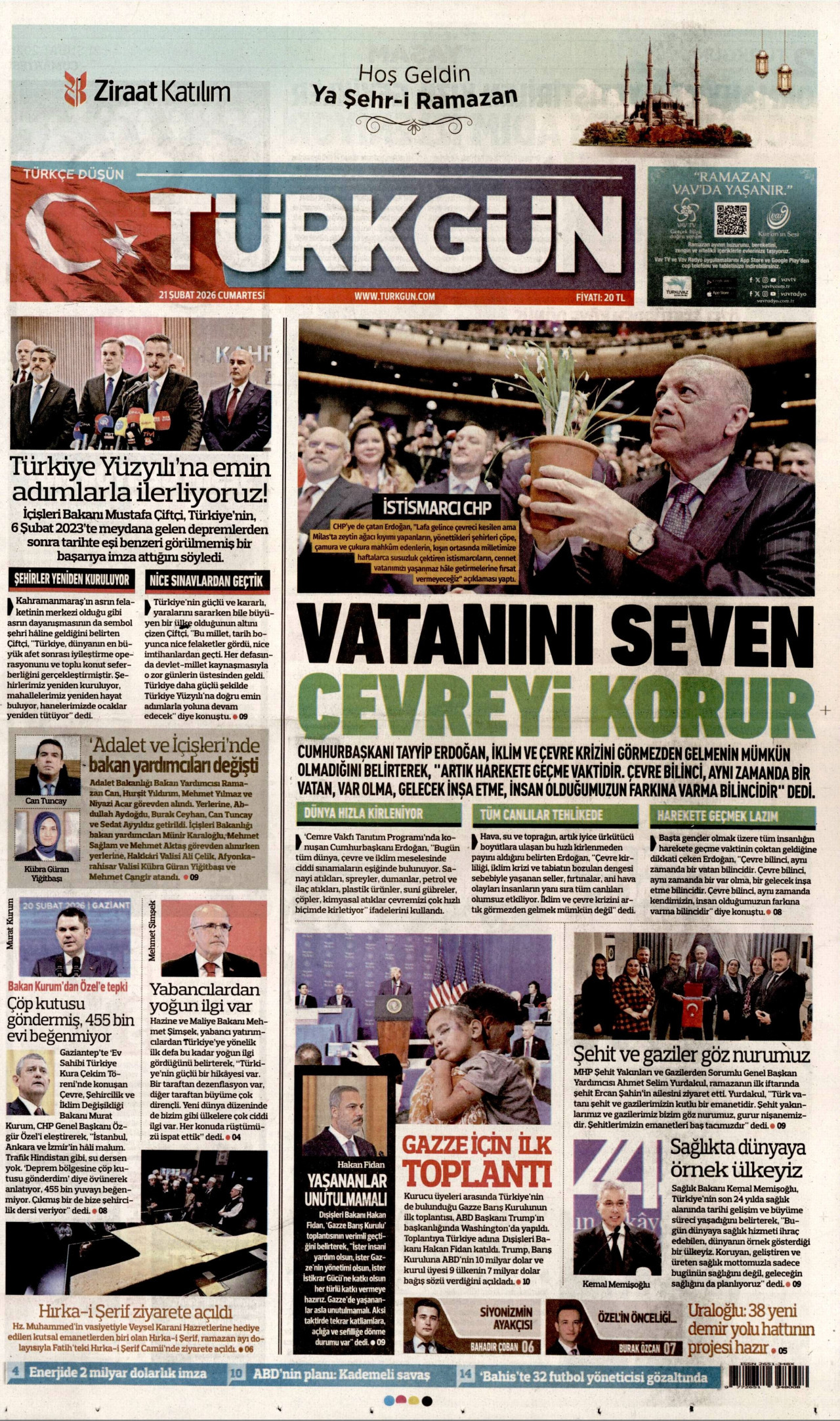 TÜRKGÜN gazetesinin 21 Şubat 2026 tarihli birinci sayfası
