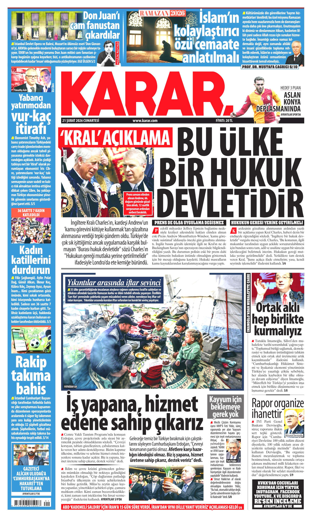 KARAR gazetesinin 21 Şubat 2026 tarihli birinci sayfası