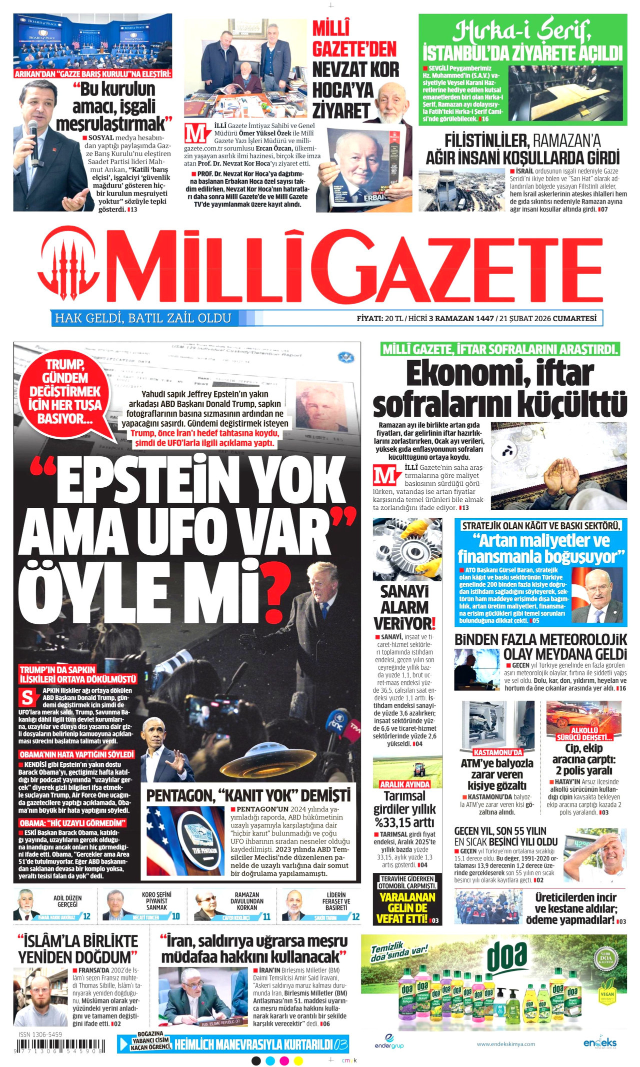 MİLLİ GAZETE gazetesinin 21 Şubat 2026 tarihli birinci sayfası