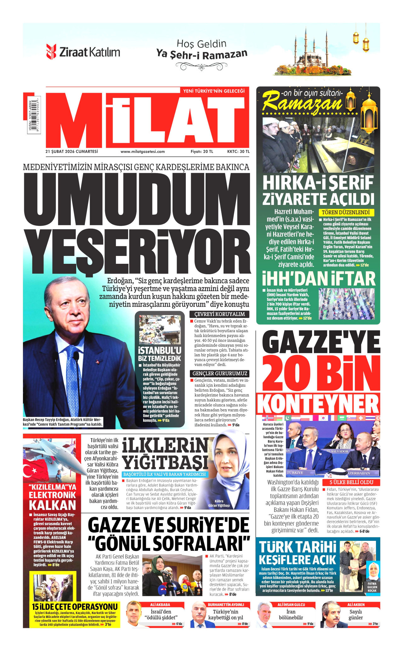 MİLAT gazetesinin 21 Şubat 2026 tarihli birinci sayfası