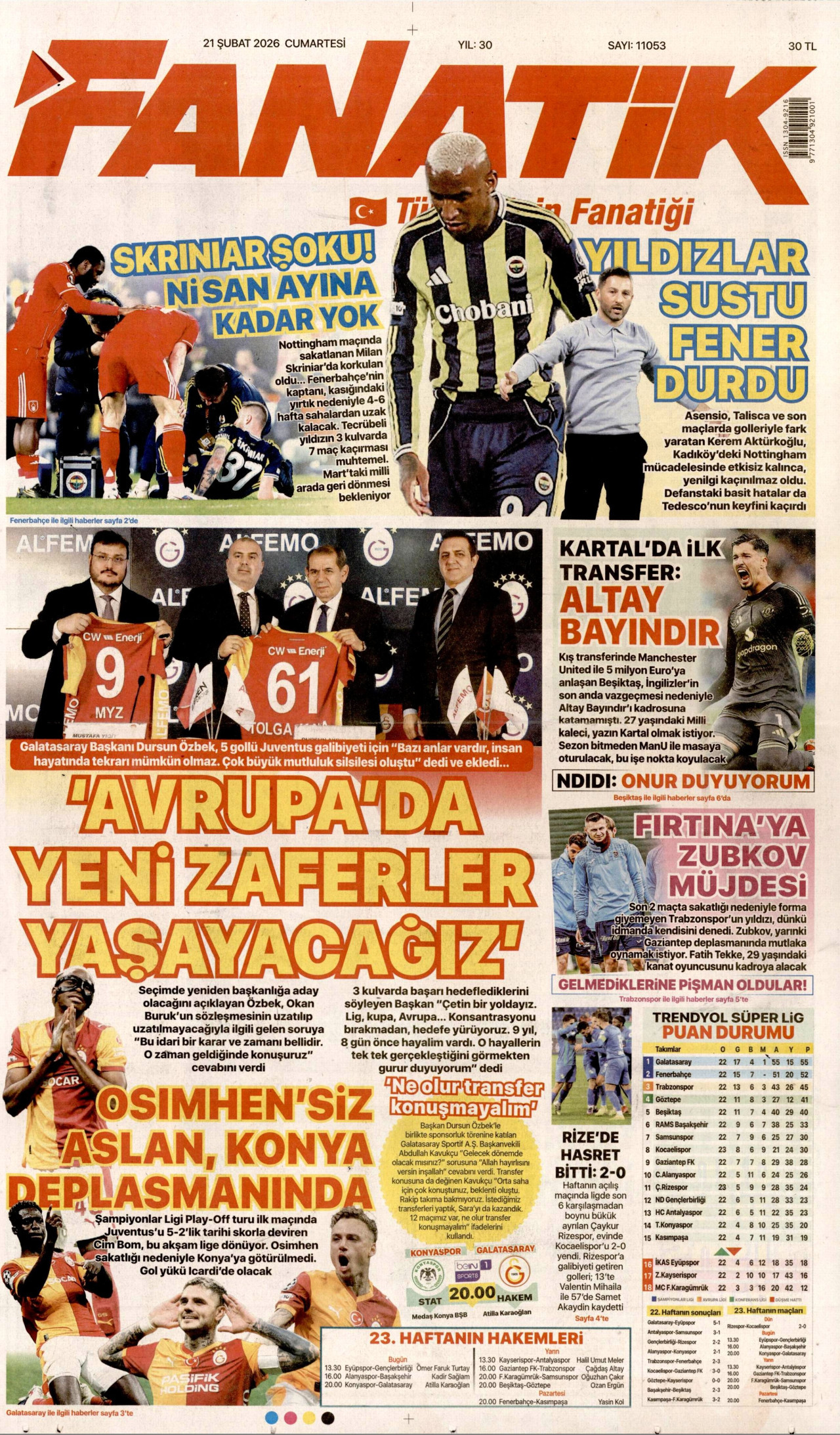FANATİK gazetesinin 21 Şubat 2026 tarihli birinci sayfası
