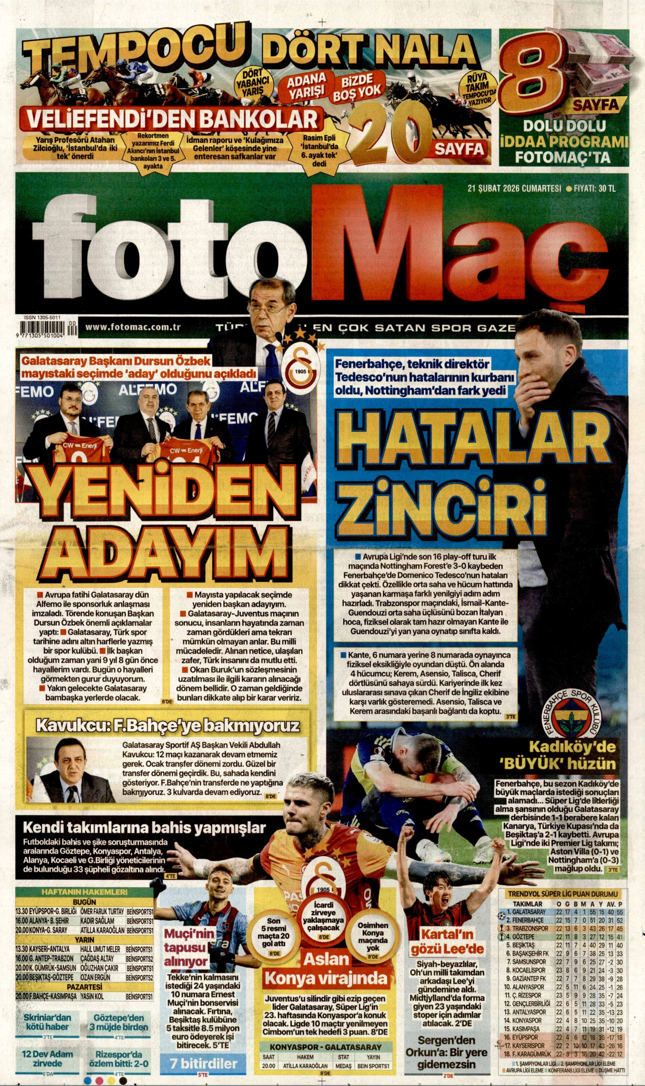 FOTOMAÇ gazetesinin 21 Şubat 2026 tarihli birinci sayfası