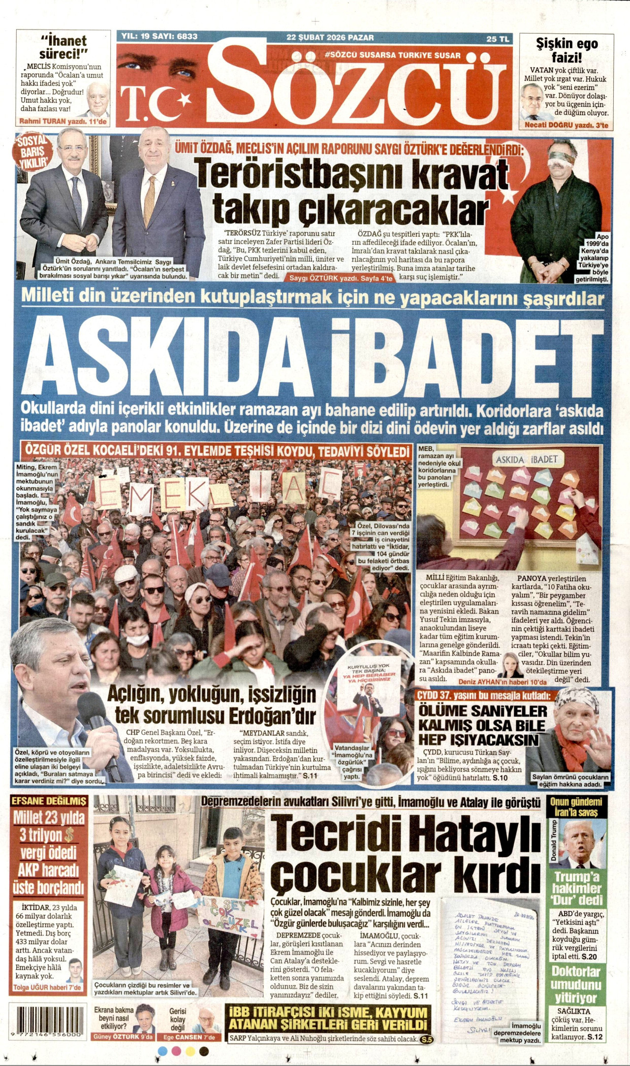 SÖZCÜ gazetesinin 22 Şubat 2026 tarihli birinci sayfası