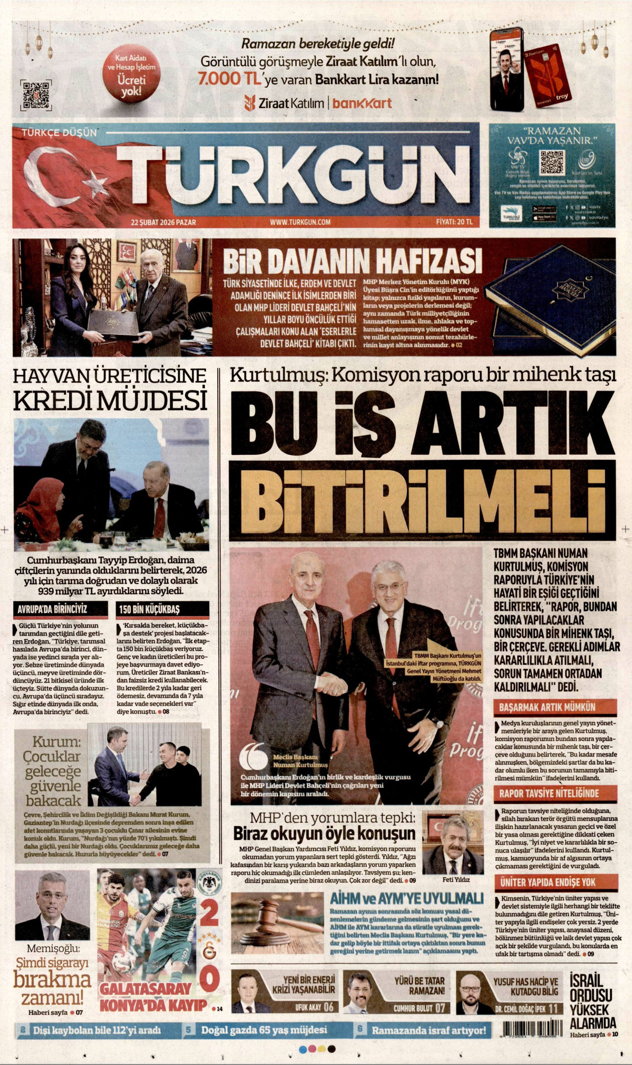 TÜRKGÜN gazetesinin 22 Şubat 2026 tarihli birinci sayfası