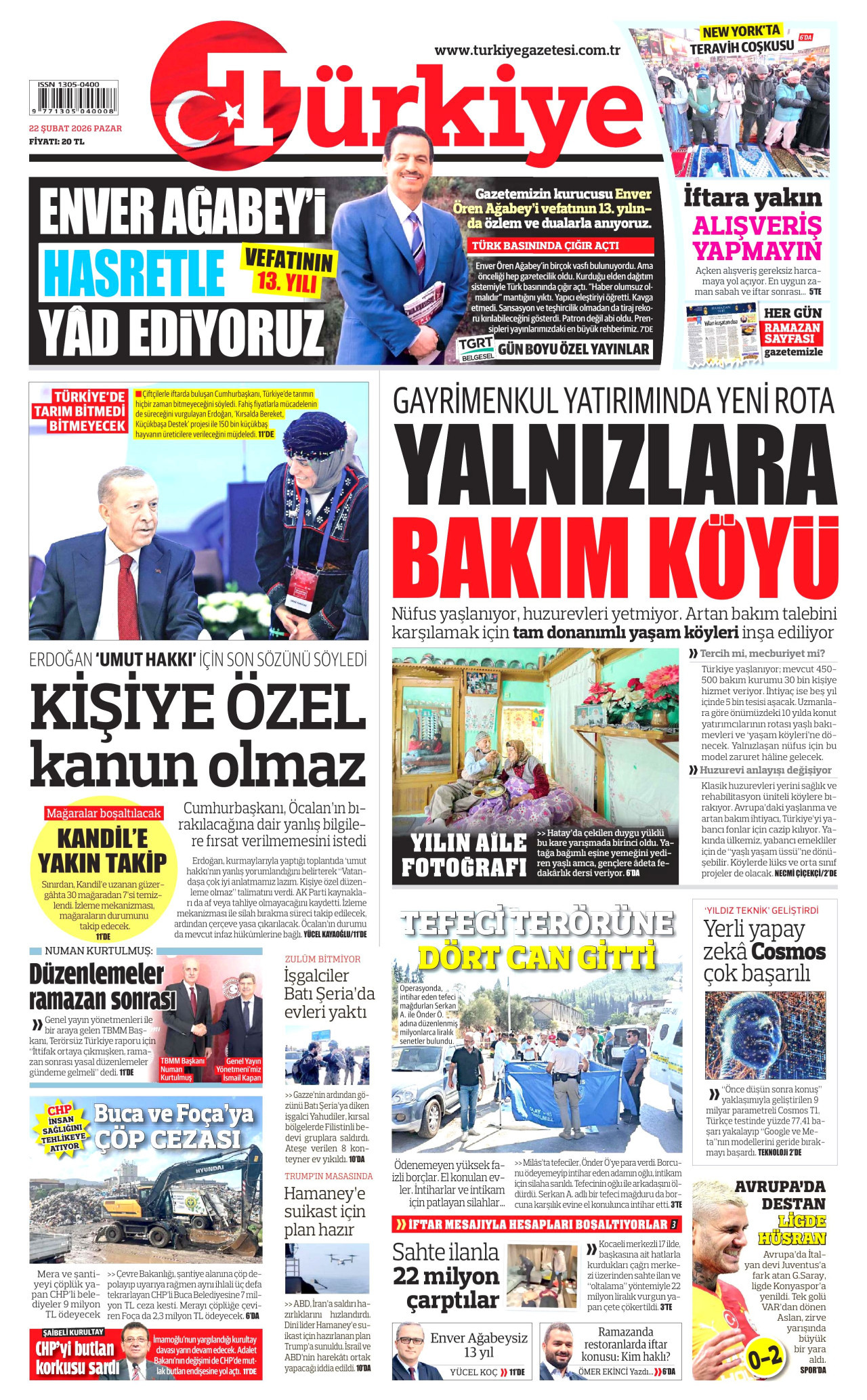 TÜRKİYE GAZETESİ gazetesinin 22 Şubat 2026 tarihli birinci sayfası