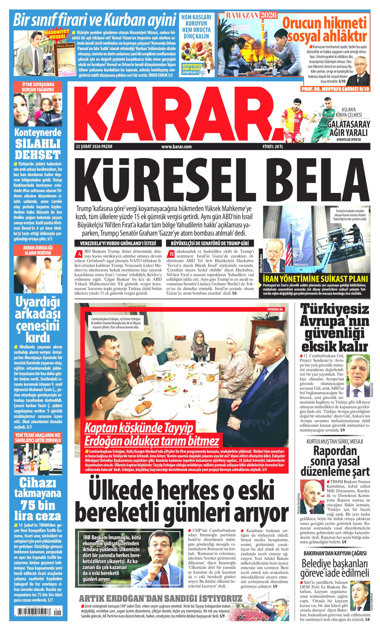 KARAR gazetesinin 22 Şubat 2026 tarihli birinci sayfası