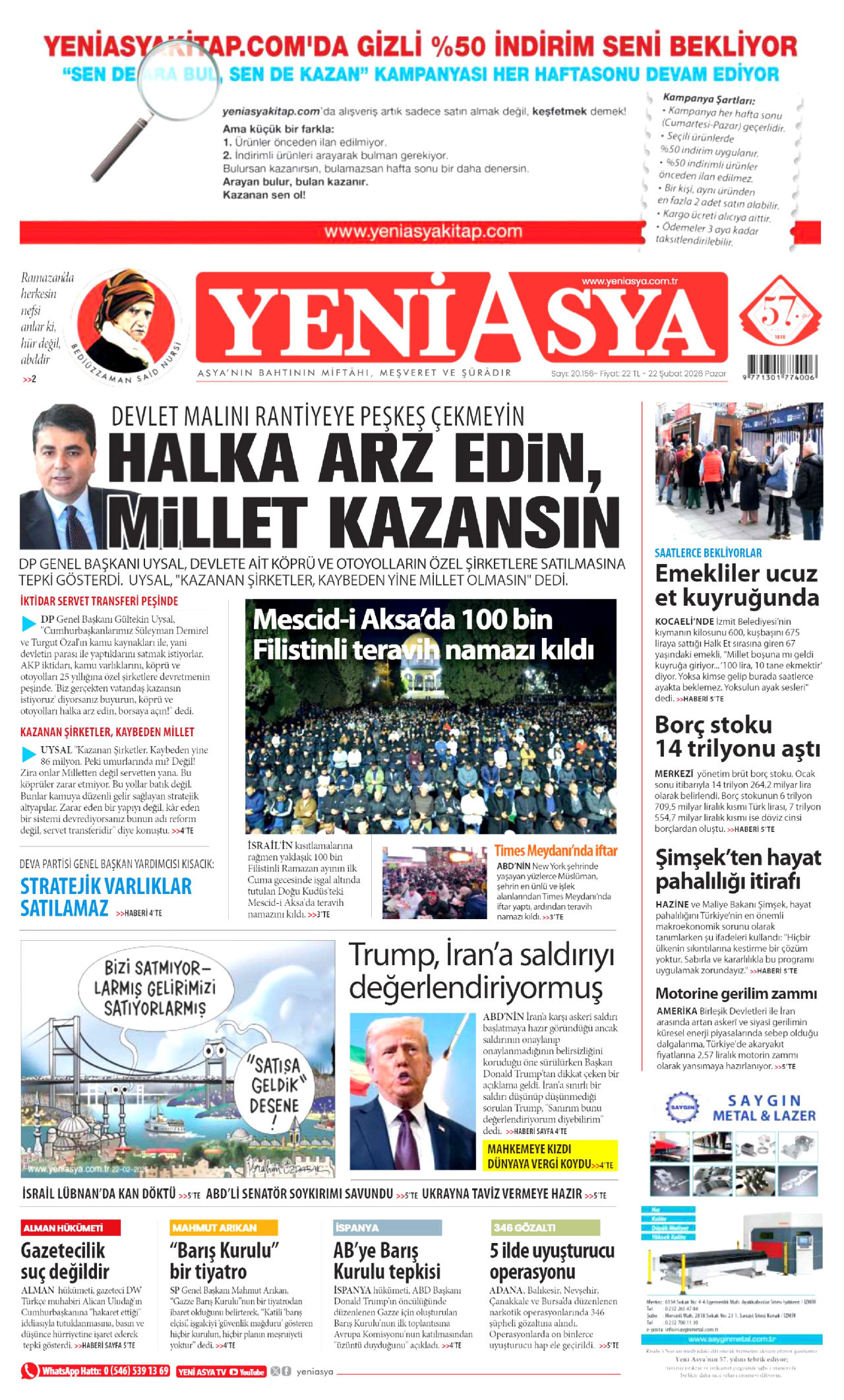 YENİ ASYA gazetesinin 22 Şubat 2026 tarihli birinci sayfası
