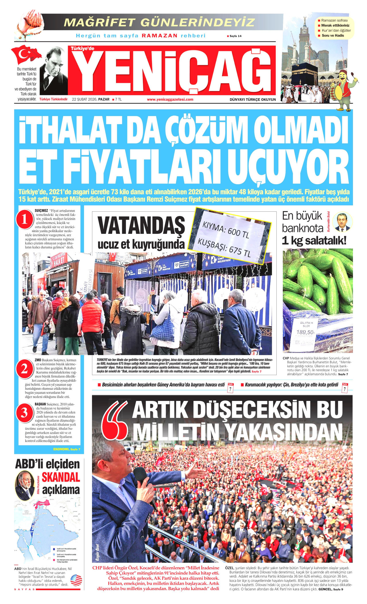 YENİÇAĞ gazetesinin 22 Şubat 2026 tarihli birinci sayfası