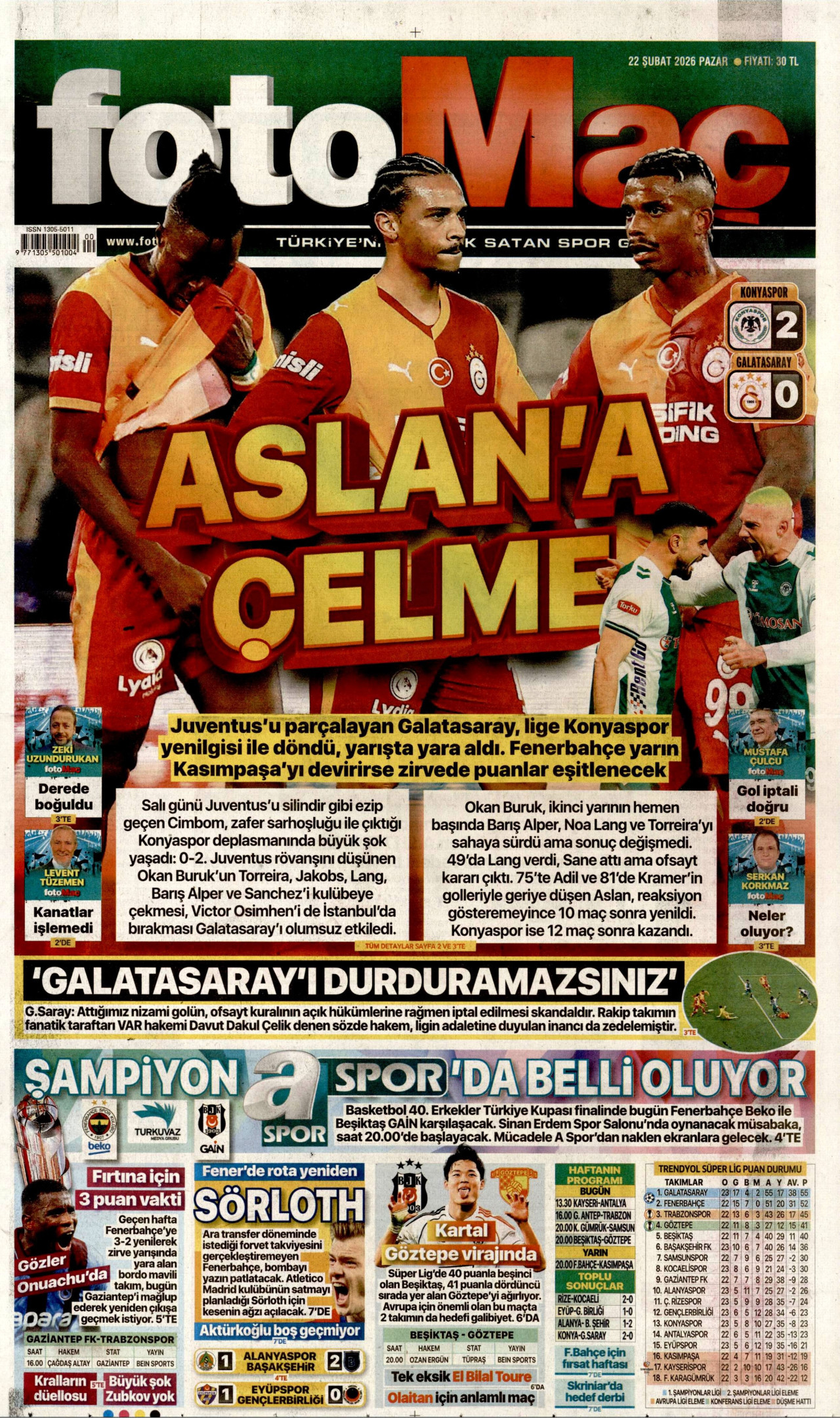FOTOMAÇ gazetesinin 22 Şubat 2026 tarihli birinci sayfası