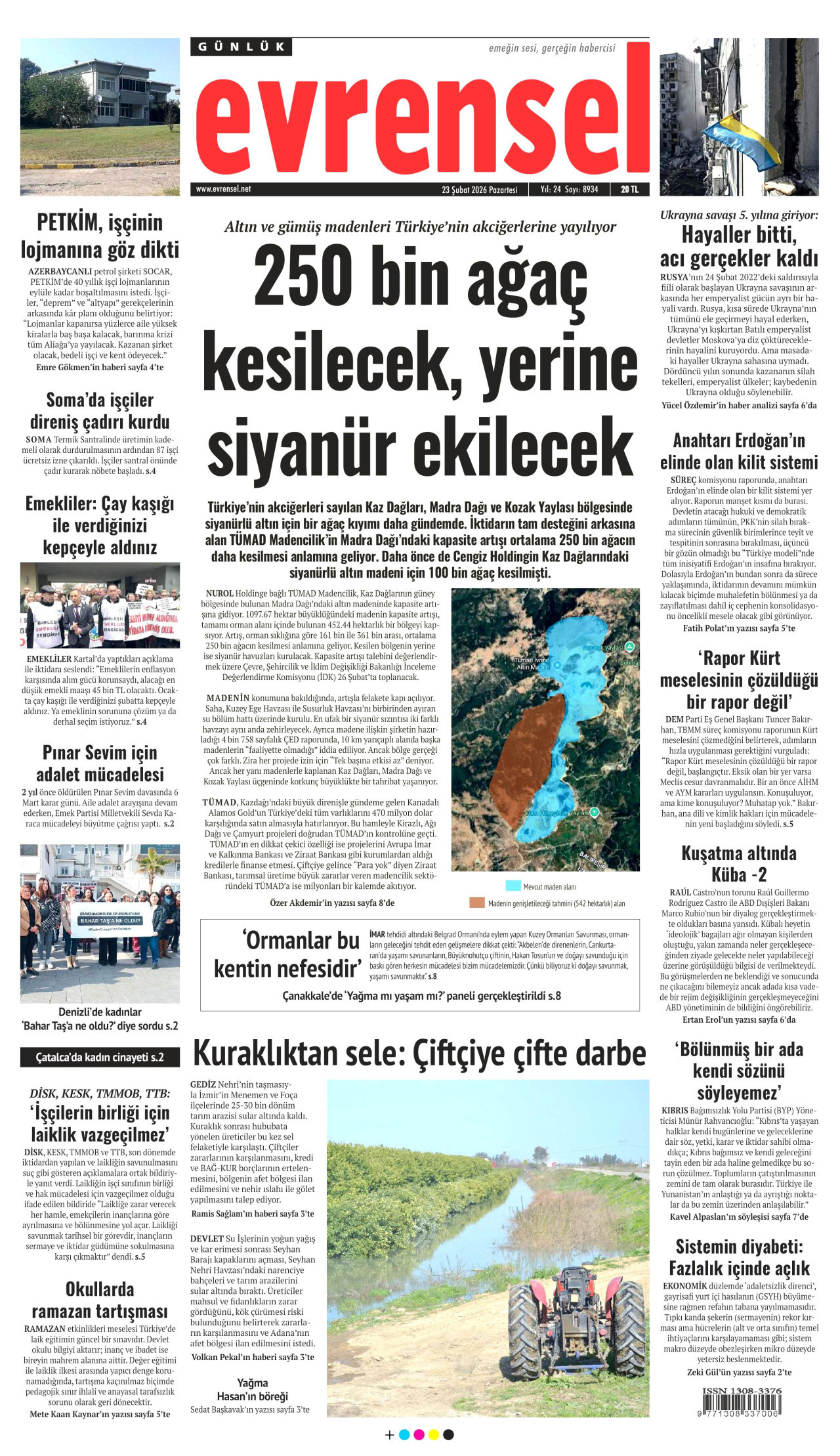 EVRENSEL gazetesinin 23 Şubat 2026 tarihli birinci sayfası