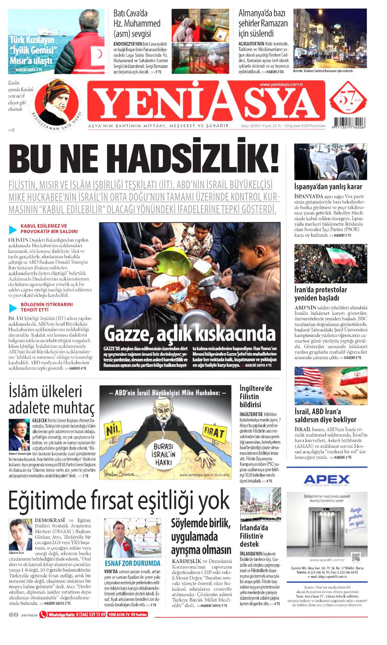 YENİ ASYA gazetesinin 23 Şubat 2026 tarihli birinci sayfası