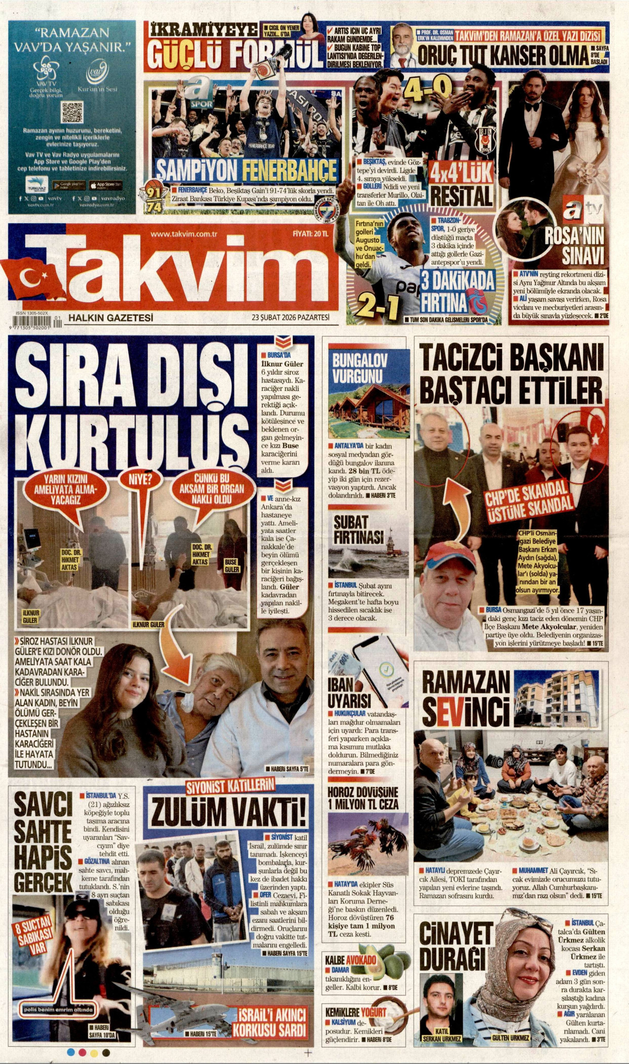 TAKVİM gazetesinin 23 Şubat 2026 tarihli birinci sayfası