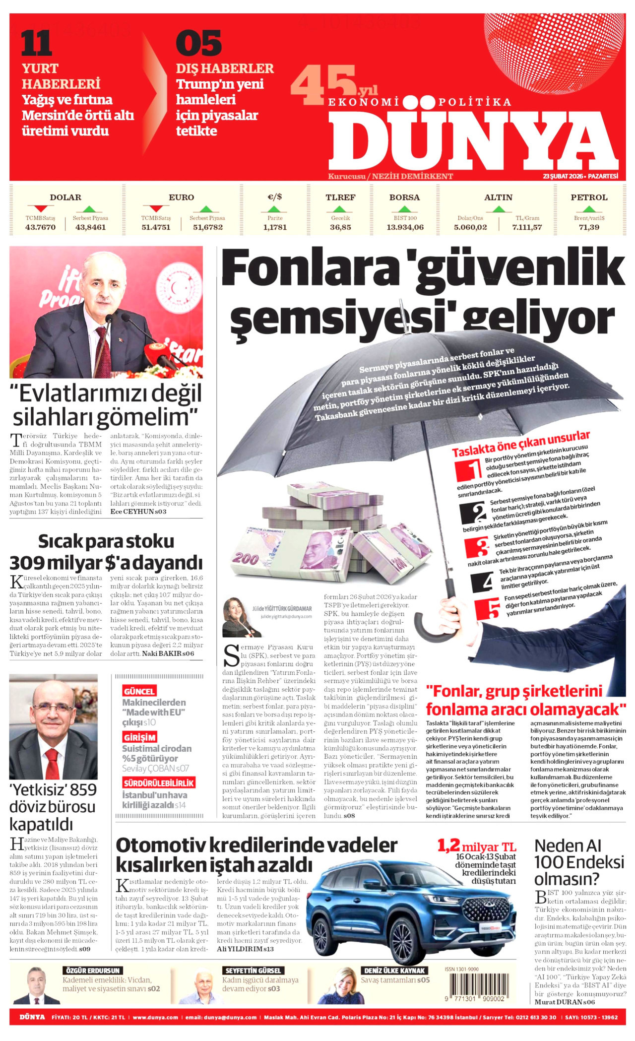 DÜNYA gazetesinin 23 Şubat 2026 tarihli birinci sayfası