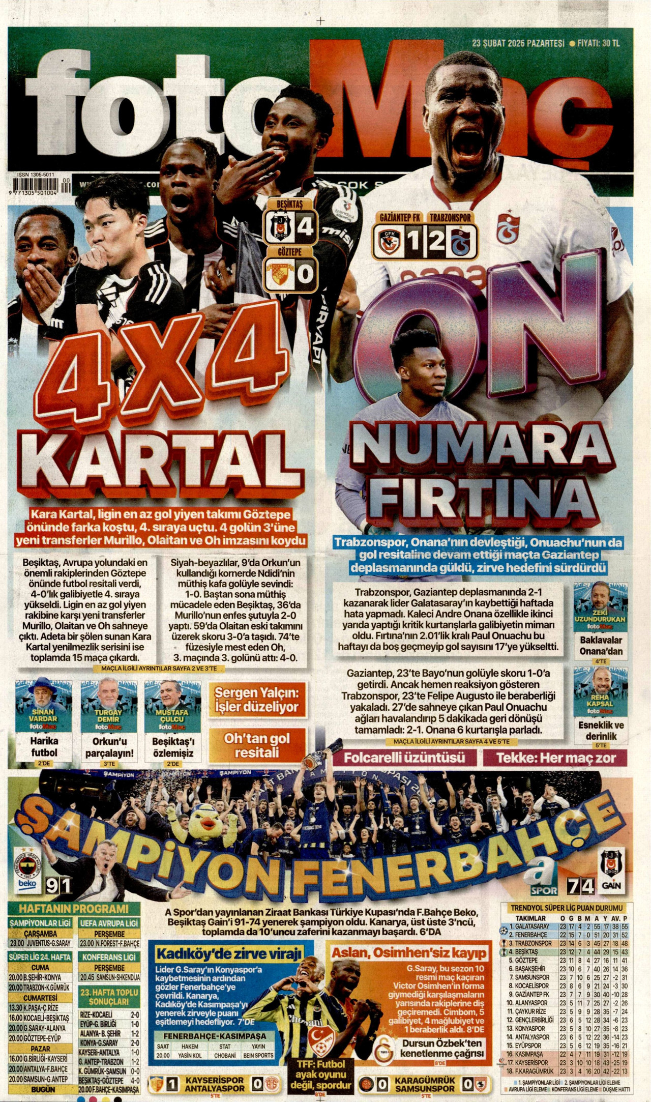FOTOMAÇ gazetesinin 23 Şubat 2026 tarihli birinci sayfası