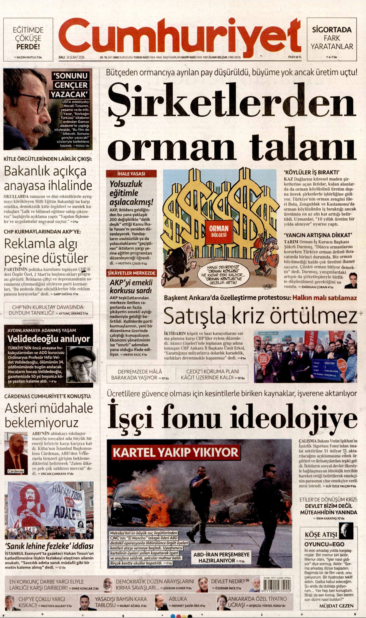 CUMHURİYET gazetesinin 24 Şubat 2026 tarihli birinci sayfası