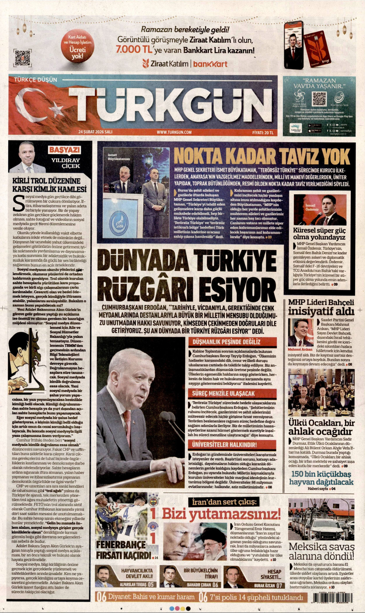 TÜRKGÜN gazetesinin 24 Şubat 2026 tarihli birinci sayfası