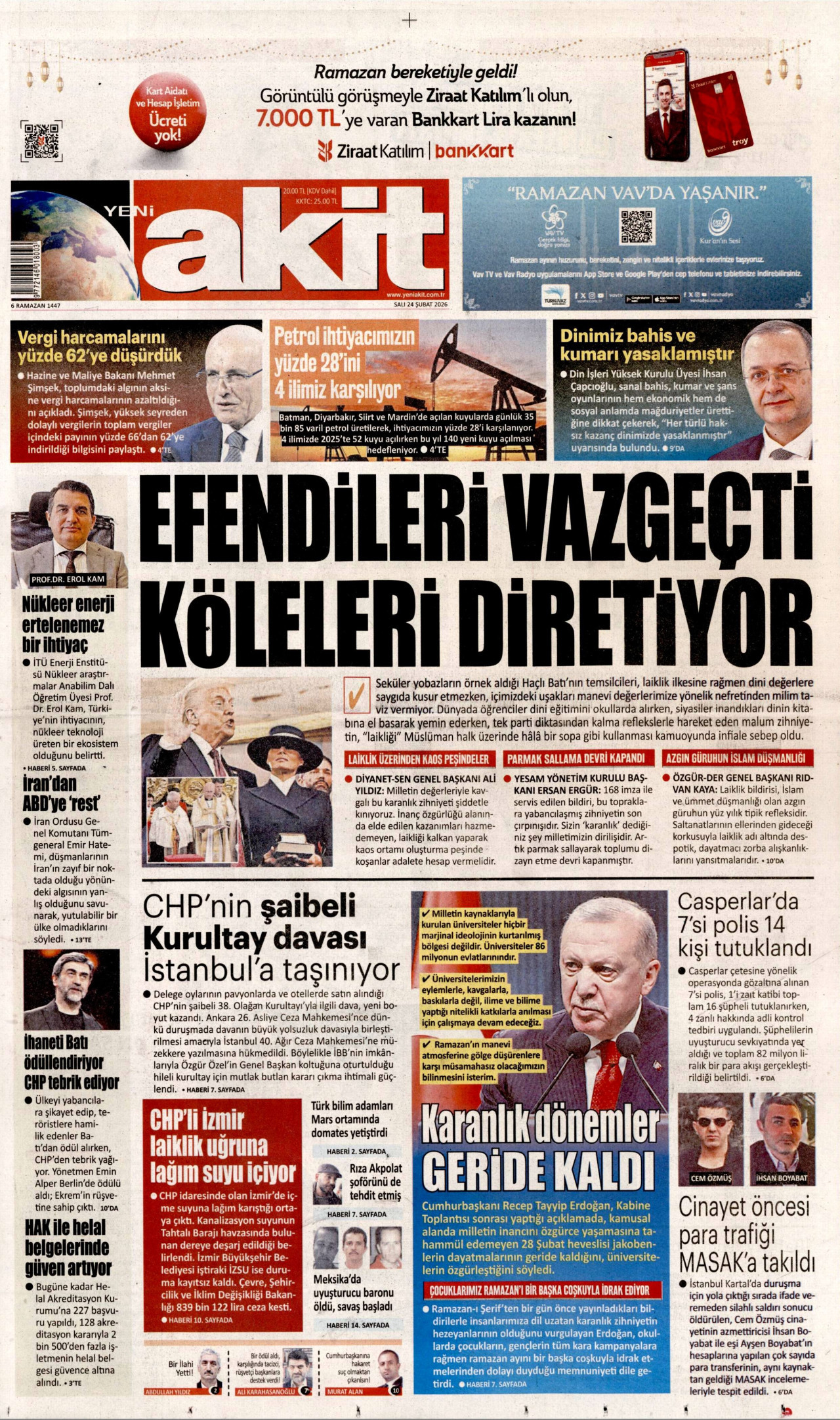 YENİ AKİT gazetesinin 24 Şubat 2026 tarihli birinci sayfası