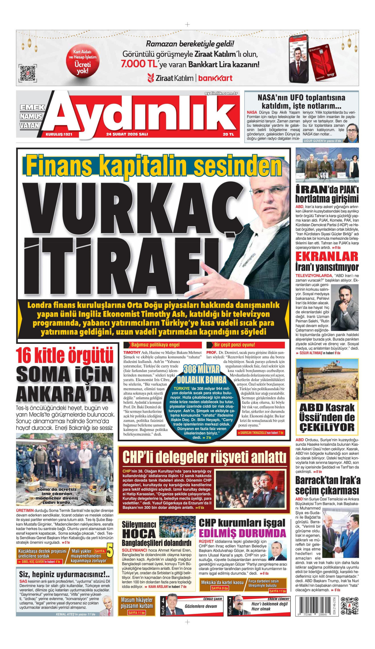 AYDINLIK GAZETESİ gazetesinin 24 Şubat 2026 tarihli birinci sayfası