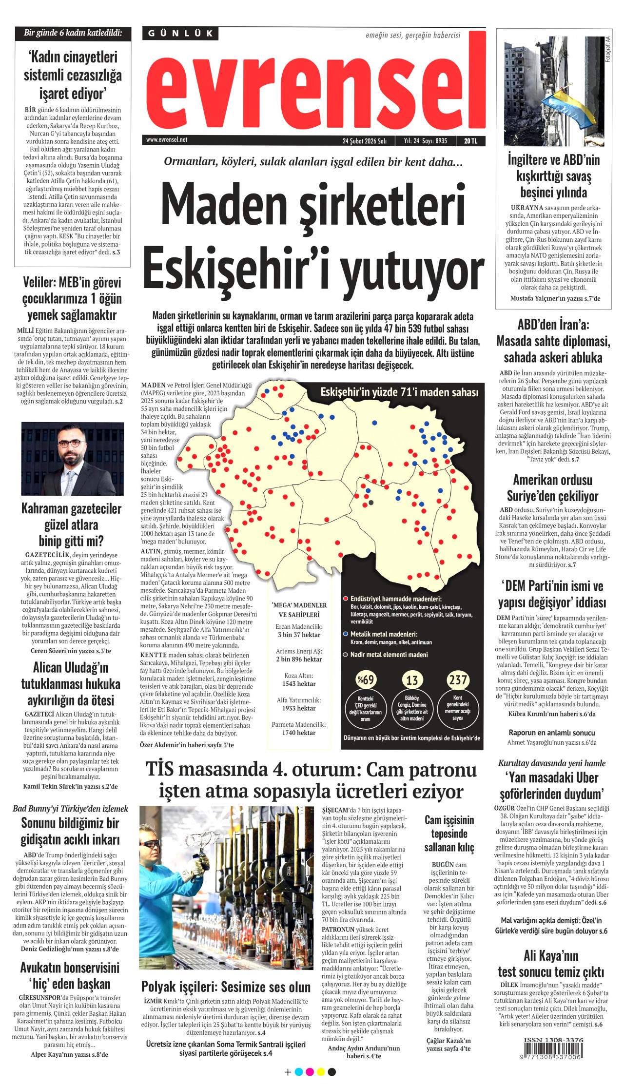 EVRENSEL gazetesinin 24 Şubat 2026 tarihli birinci sayfası