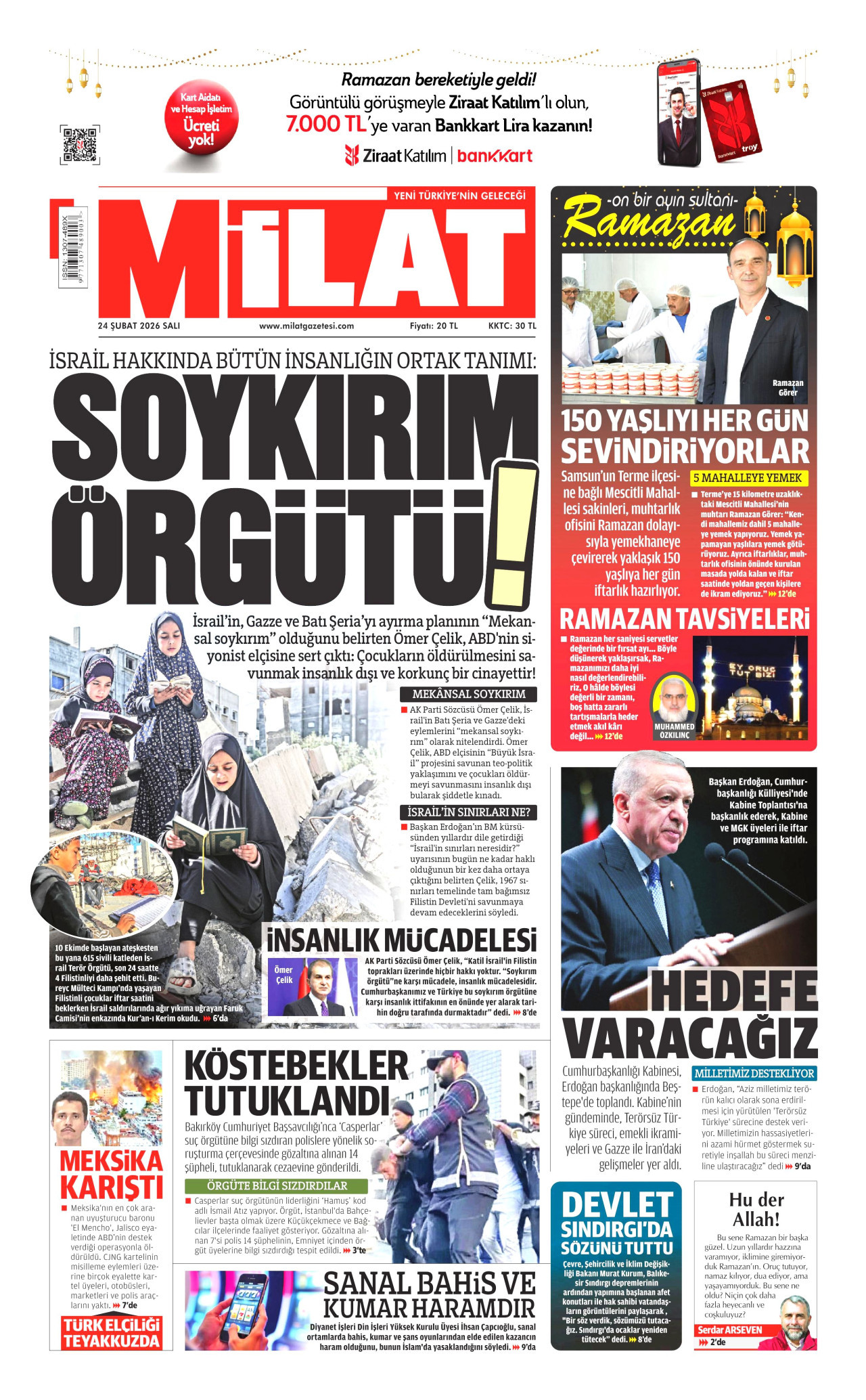 MİLAT gazetesinin 24 Şubat 2026 tarihli birinci sayfası