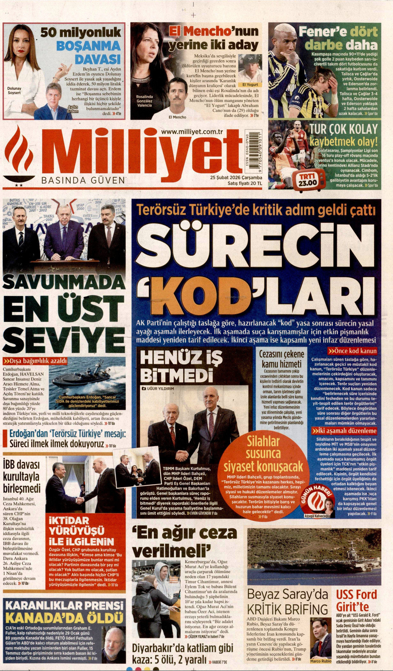 MİLLİYET gazetesinin 25 Şubat 2026 tarihli birinci sayfası